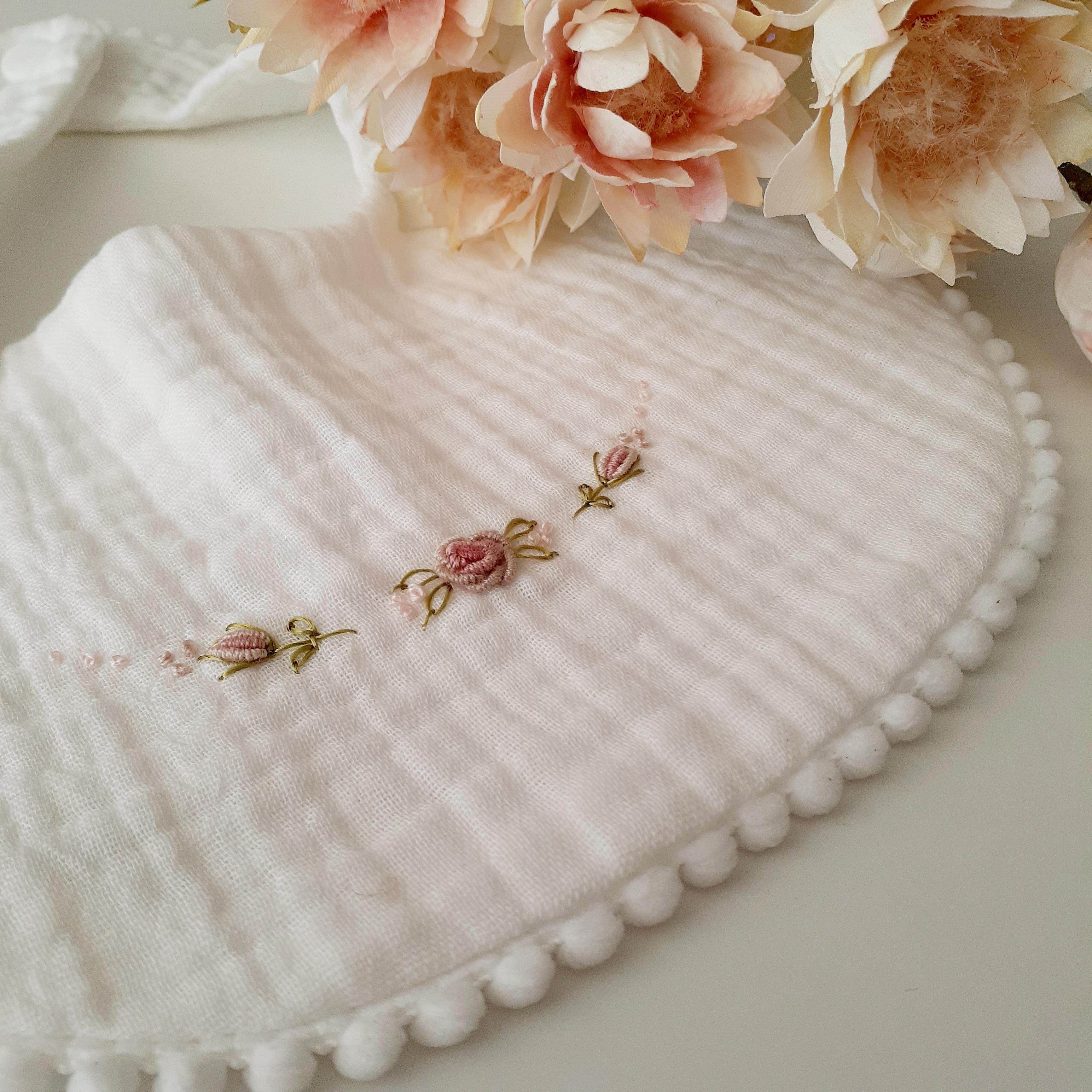 White Embroidered Baby Bib • Vintage-Style Scalloped Floral Newborn Accessory