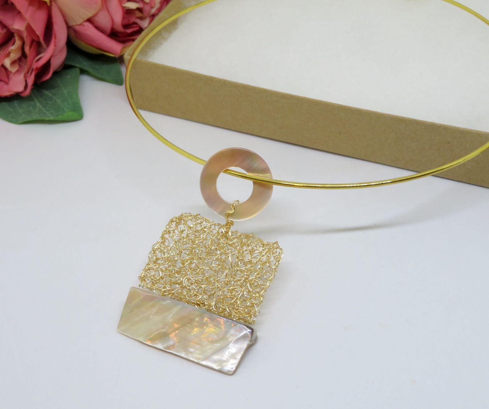 Bespoke Handmade Gold Crochet Wire Shell Pendant Choker Necklace