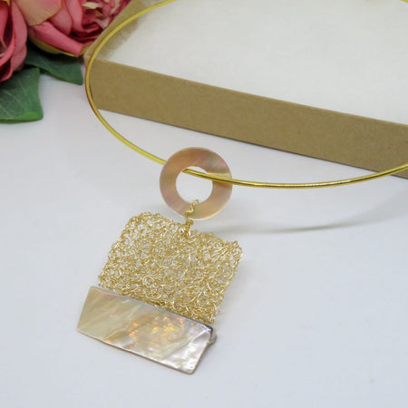 Bespoke Handmade Gold Crochet Wire Shell Pendant Choker Necklace