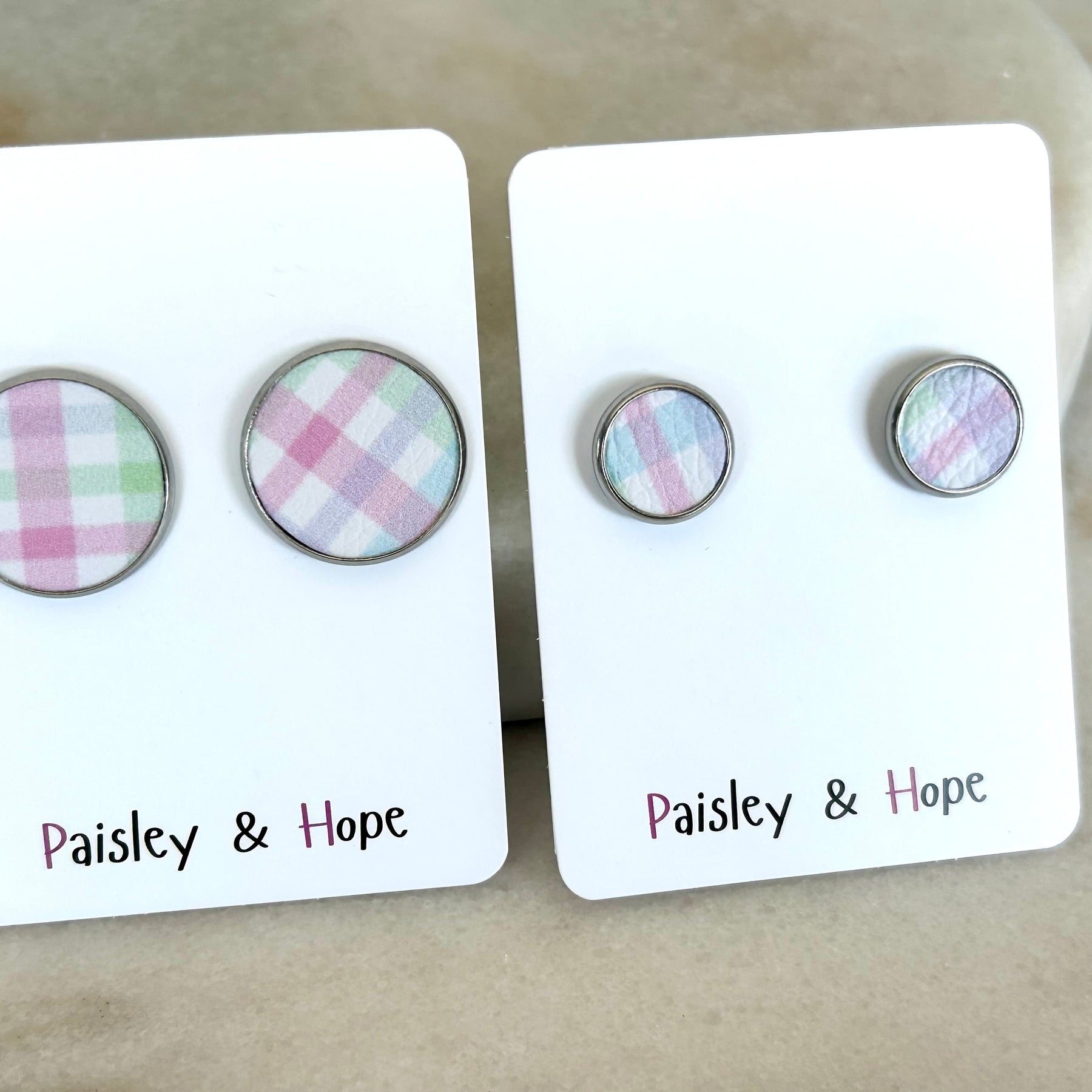 Gingham Faux Leather Bezel Style Studs - Choose size