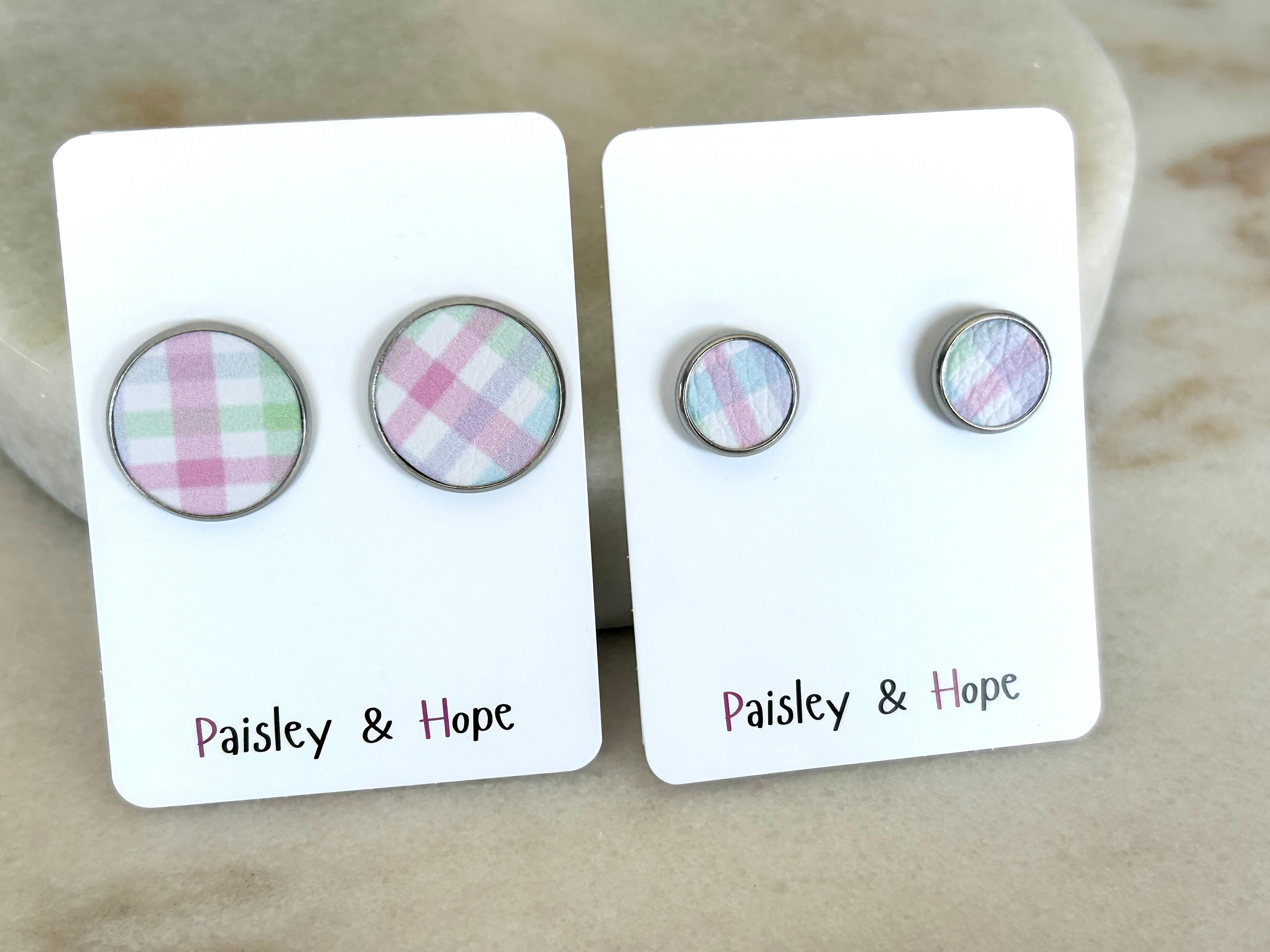 Gingham Faux Leather Bezel Style Studs - Choose size