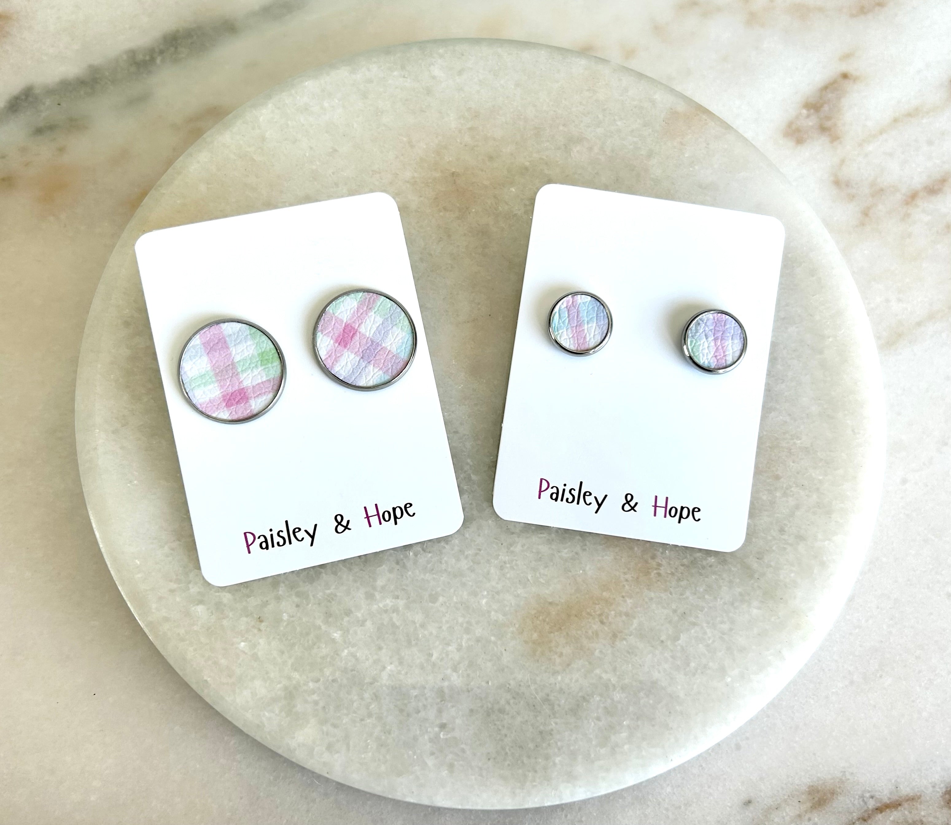 Gingham Faux Leather Bezel Style Studs - Choose size