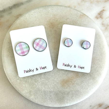 Gingham Faux Leather Bezel Style Studs - Choose size