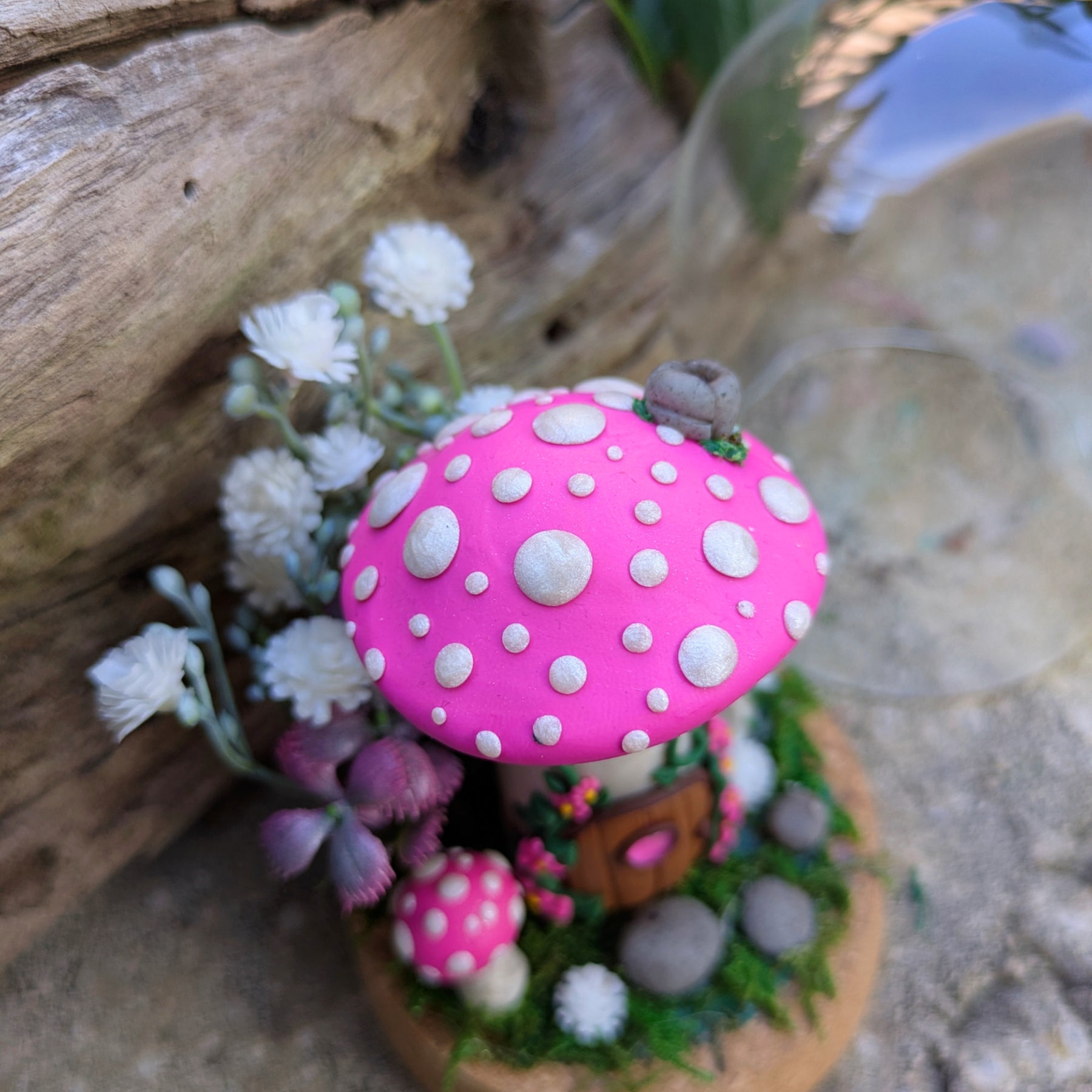 Pink Fairy Mushroom Houses in glass domes