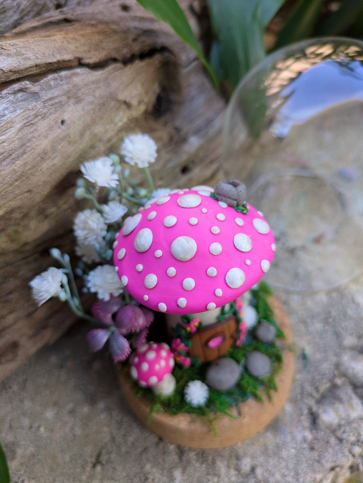 Pink Fairy Mushroom Houses in glass domes