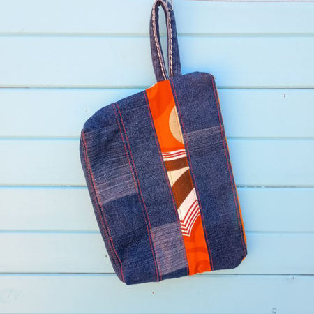 Retro Stripe Pouch Cosmetic Everyday Bag Upcycled Vintage Fabrics & Denim