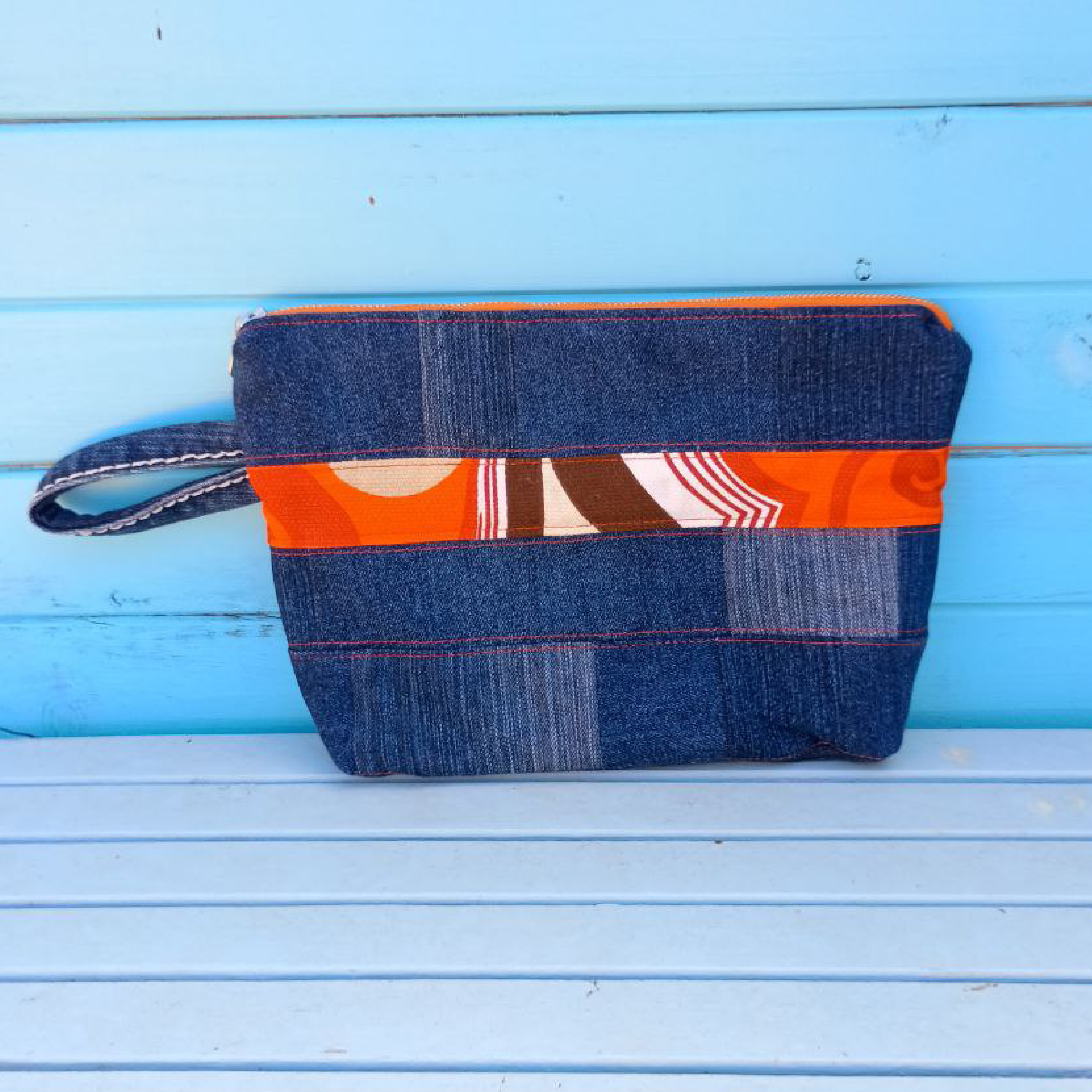 Retro Stripe Pouch Cosmetic Everyday Bag Upcycled Vintage Fabrics & Denim