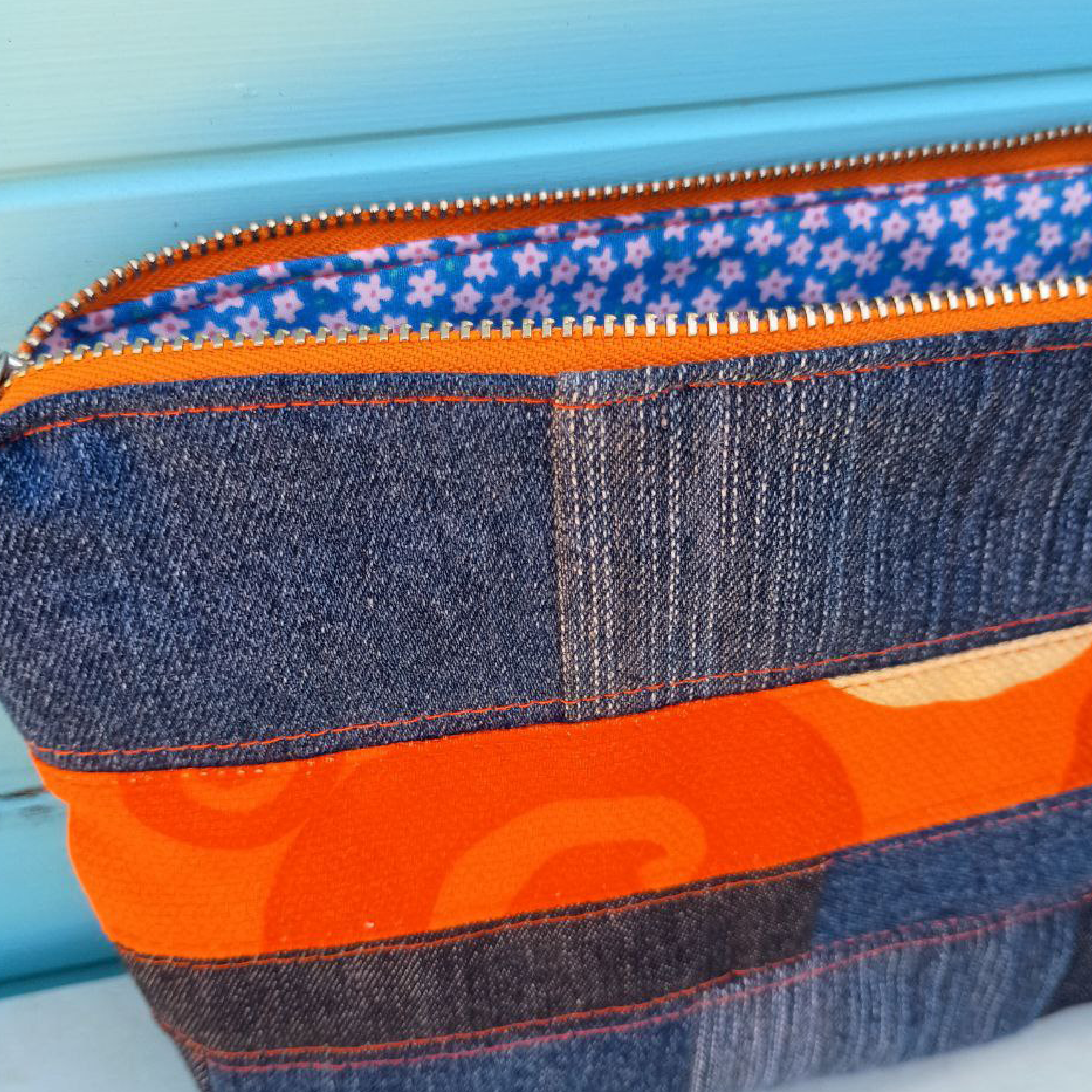 Retro Stripe Pouch Cosmetic Everyday Bag Upcycled Vintage Fabrics & Denim