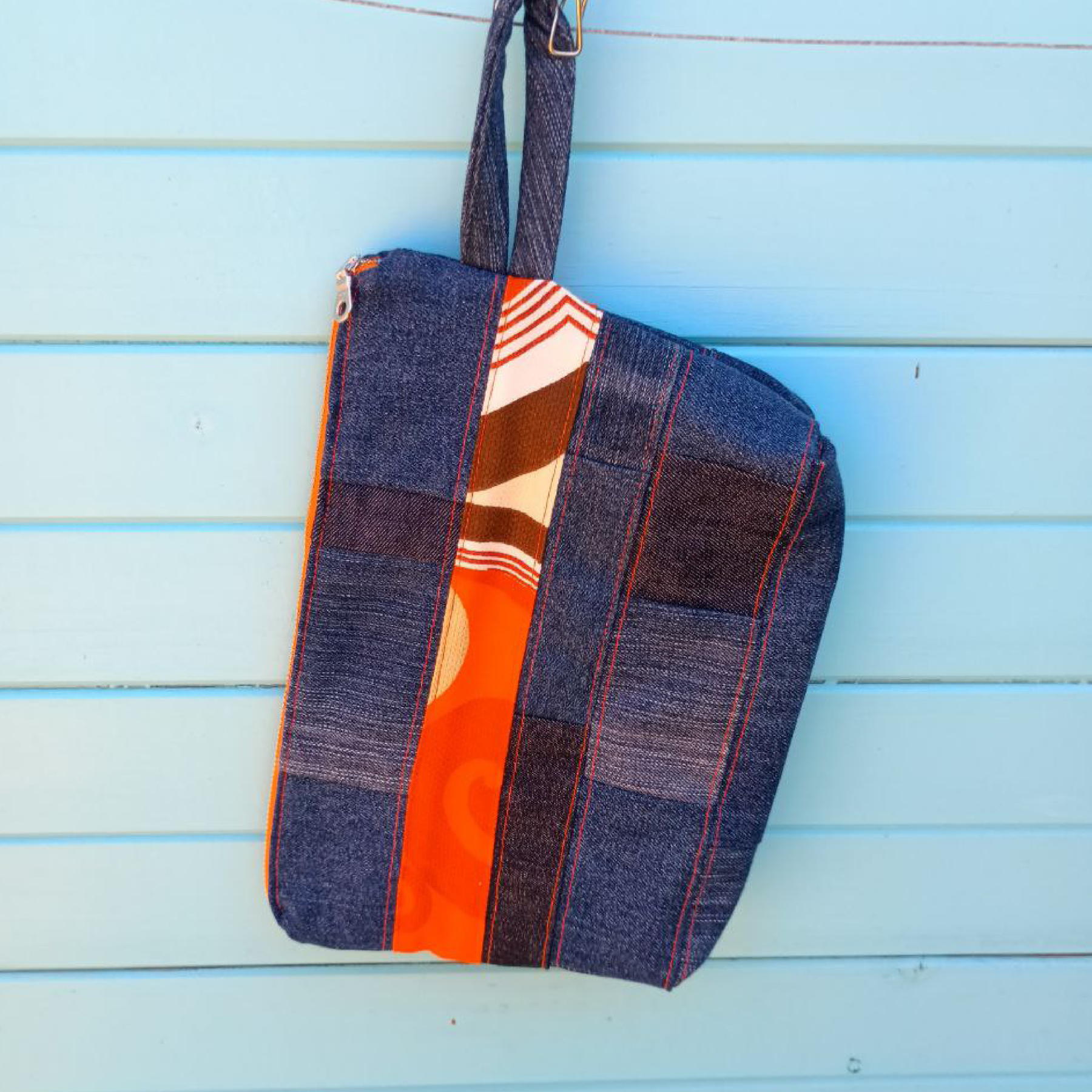 Retro Stripe Pouch Cosmetic Everyday Bag Upcycled Vintage Fabrics & Denim