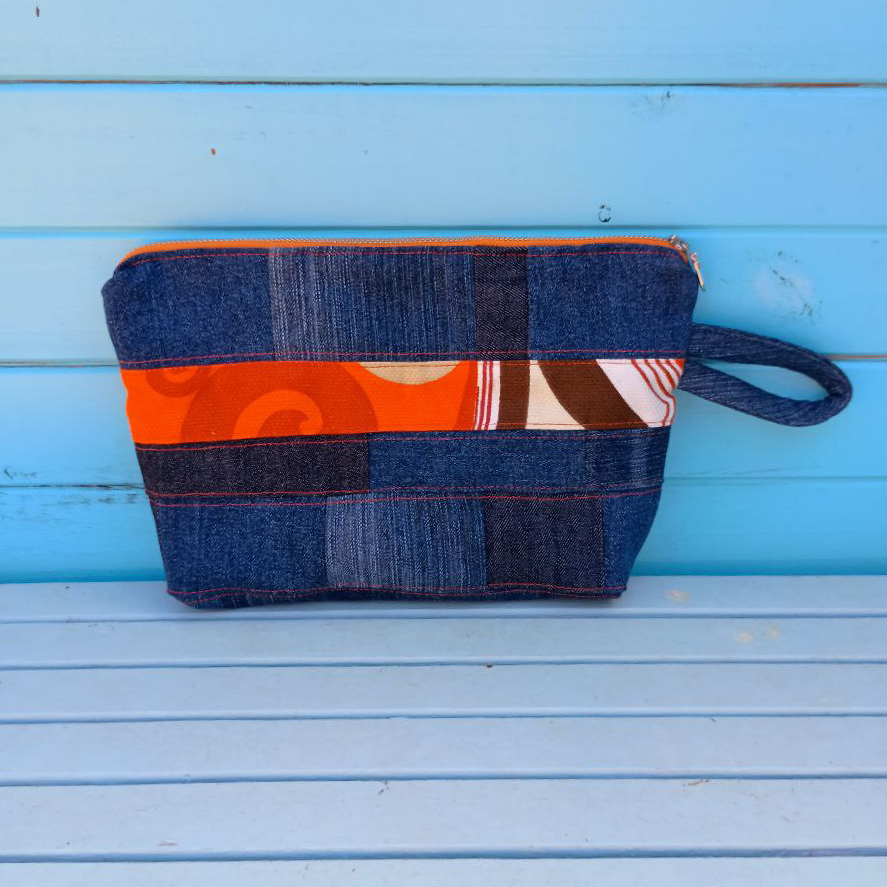 Retro Stripe Pouch Cosmetic Everyday Bag Upcycled Vintage Fabrics & Denim