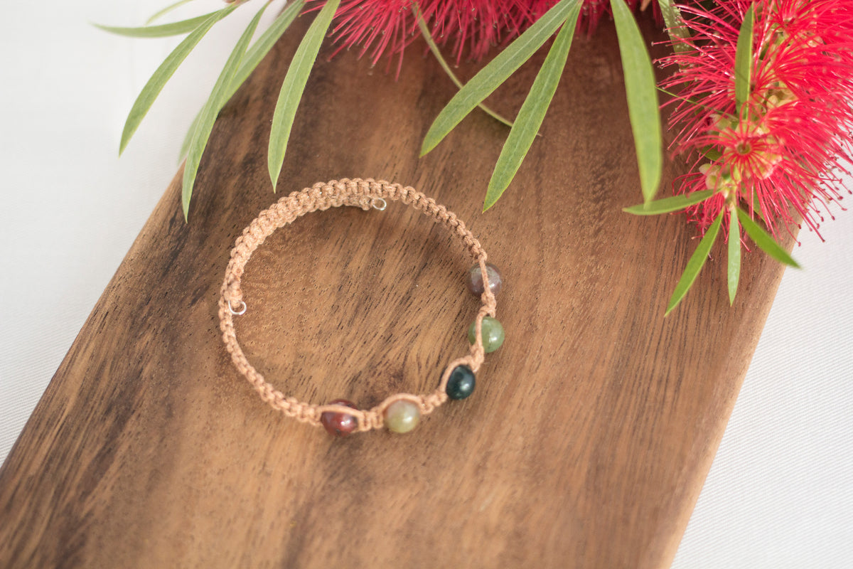Indian Agate Gemstone Tan Macrame Wrap Bracelet | Cotton Cord Jewellery | Gift Set