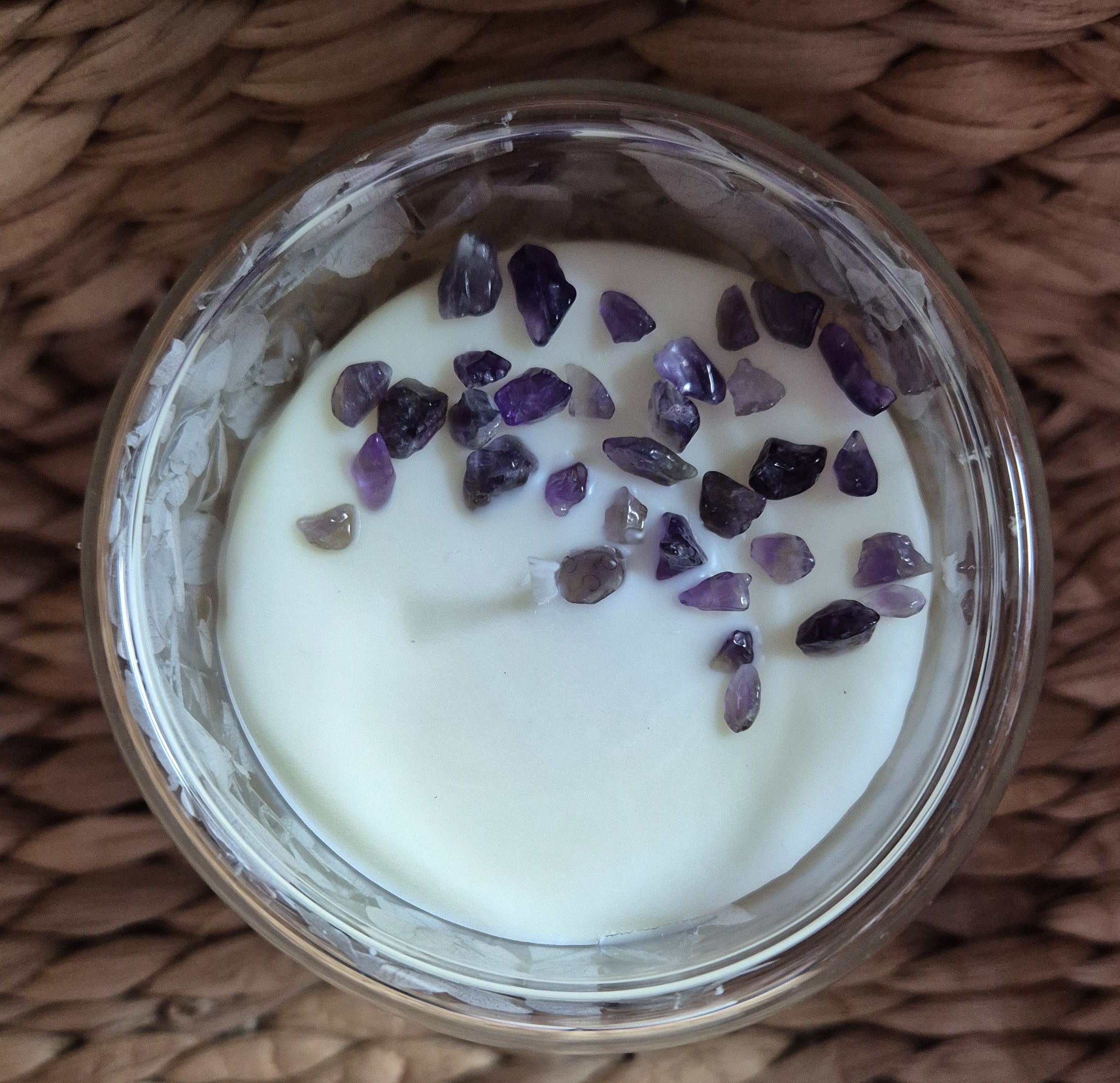 Glass container candle with lavender and dried hydrangeas