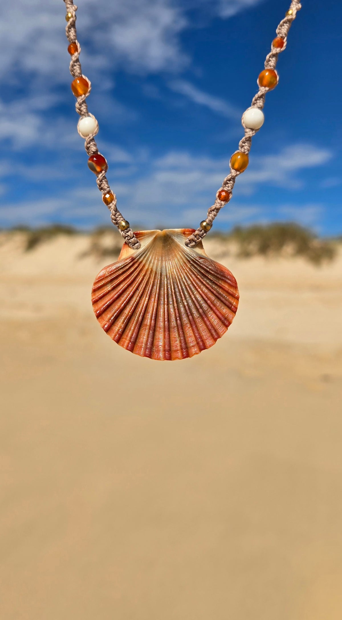 Scallop Shell Necklace with Carnelian & Shell Beads