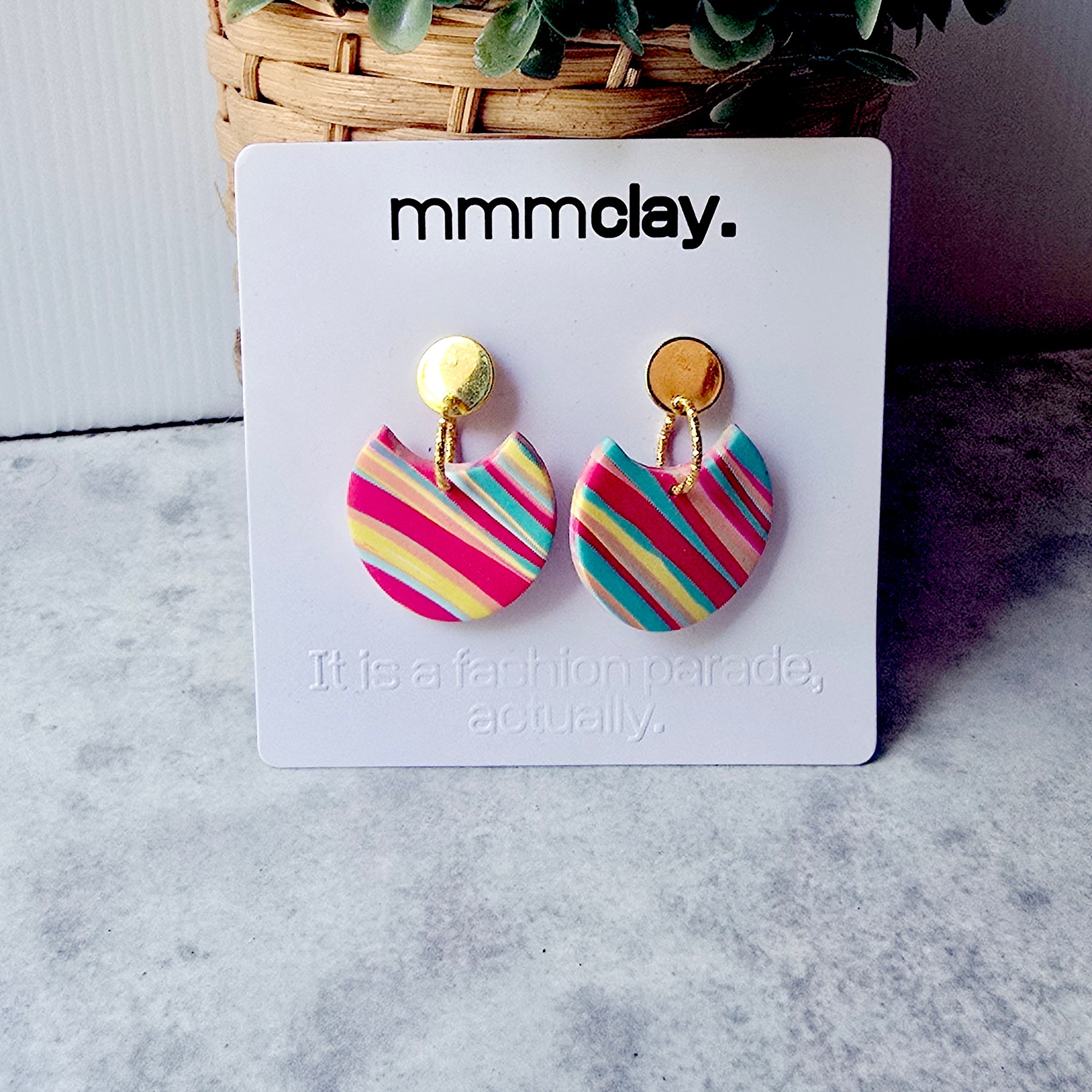 Multicolour Striped Polymer Clay Statement Drop Earrings | 9K Gold Plated