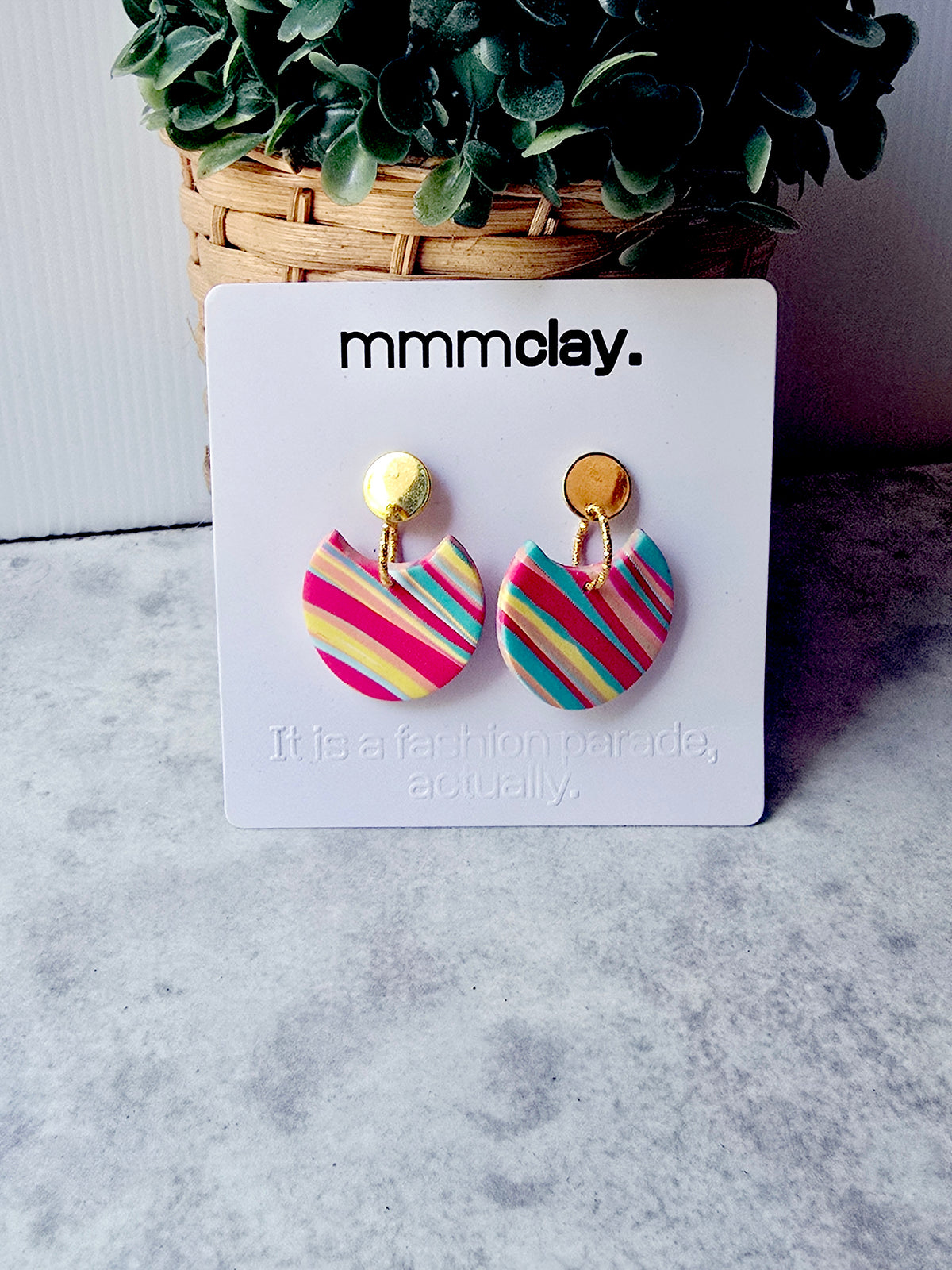 Multicolour Striped Polymer Clay Statement Drop Earrings | 9K Gold Plated