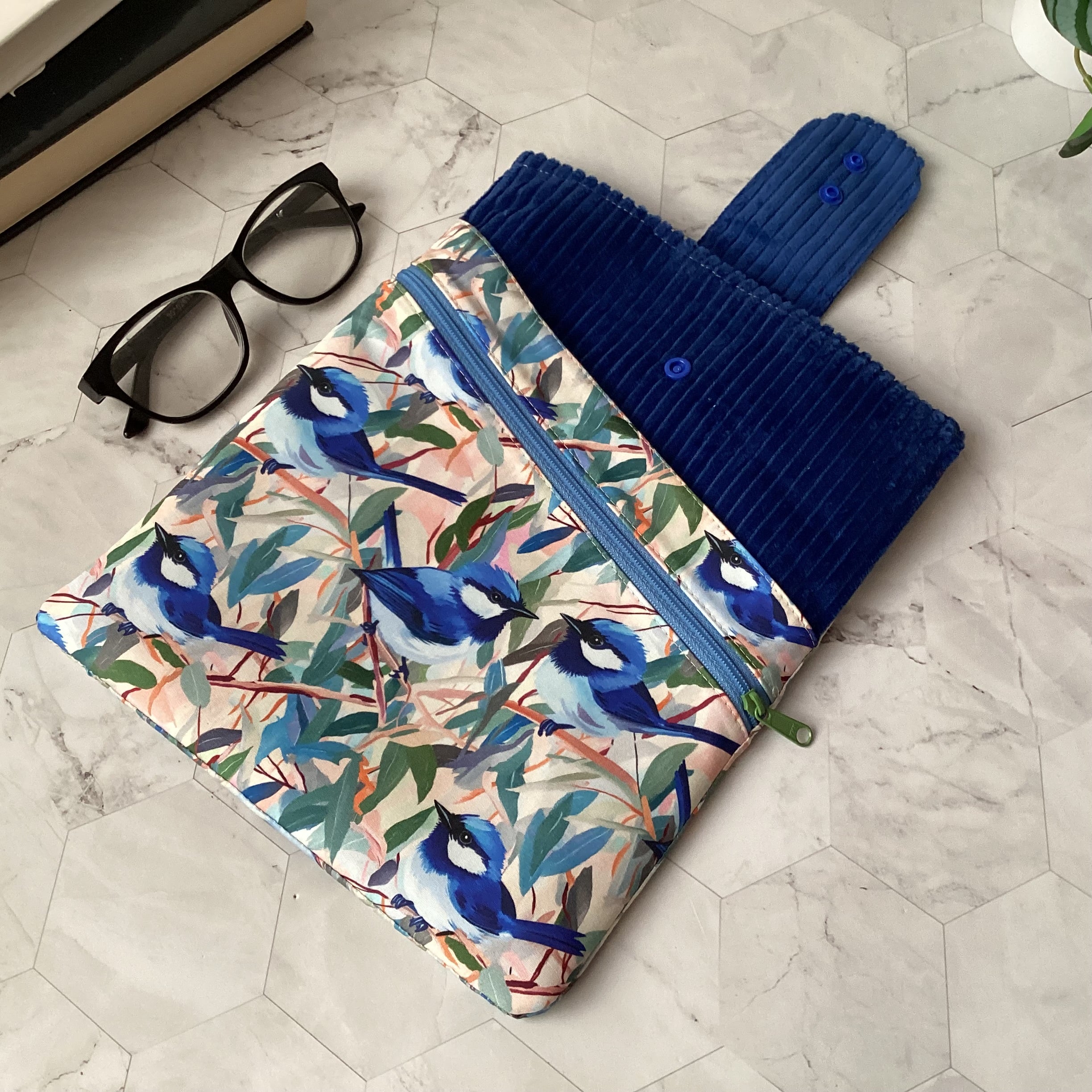 Blue wrens fabric book sleeve with 2 pockets. iPad, tablet pouch