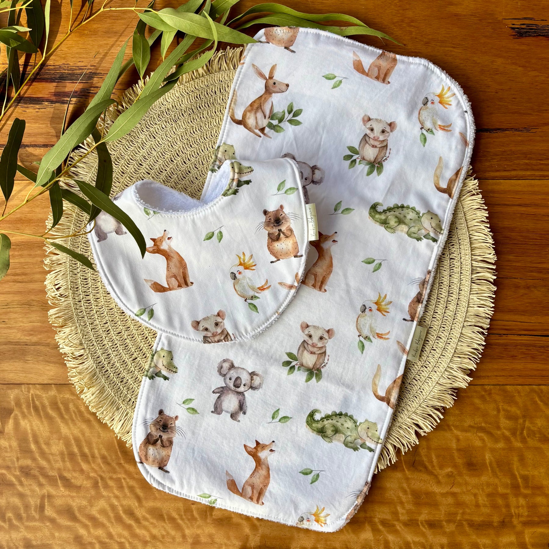 Baby Bib and Burp Cloth Set | More Green and White Aussie Animals | Made to Order