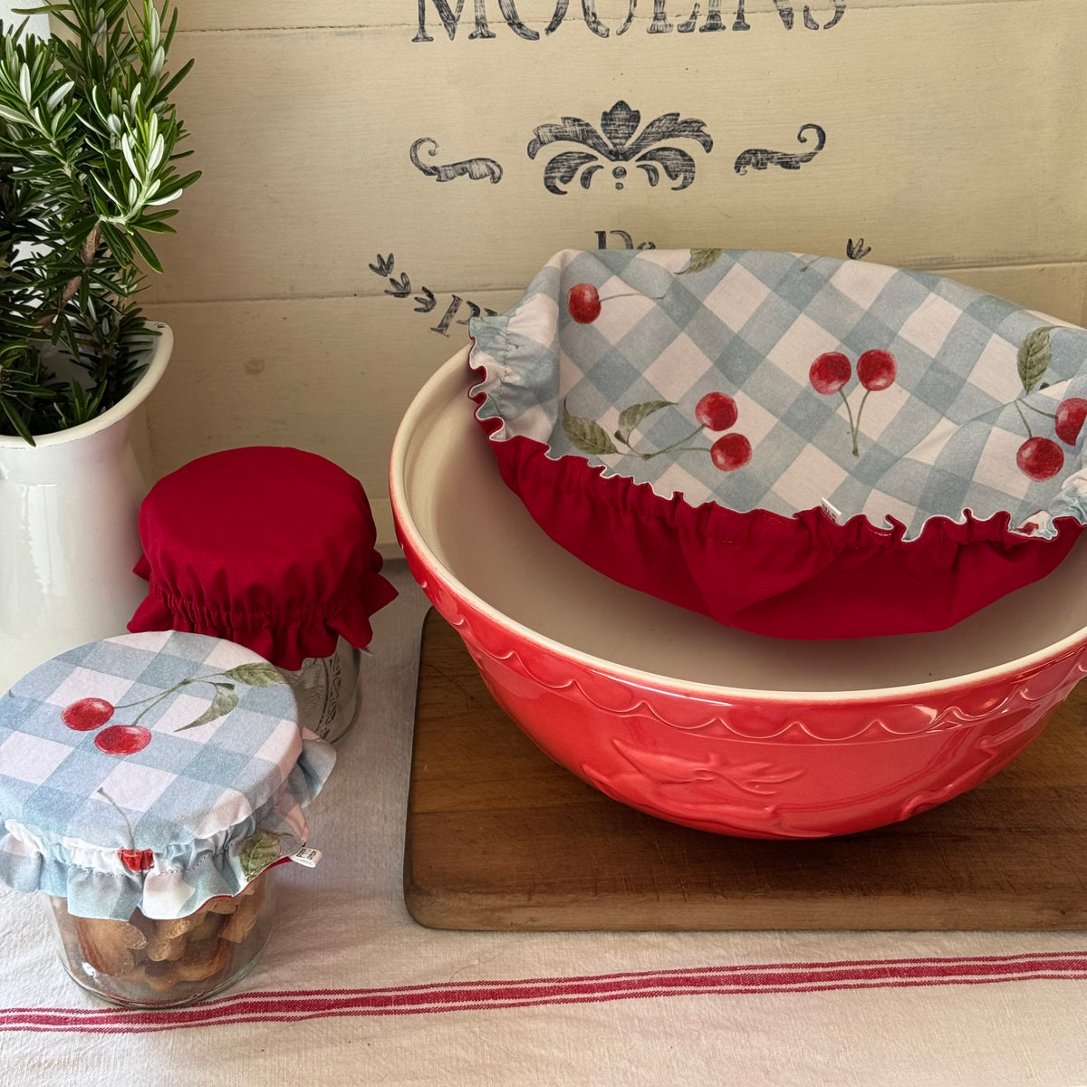 Reversible Cherry Fabric Bowl Cover - Linen / Cotton