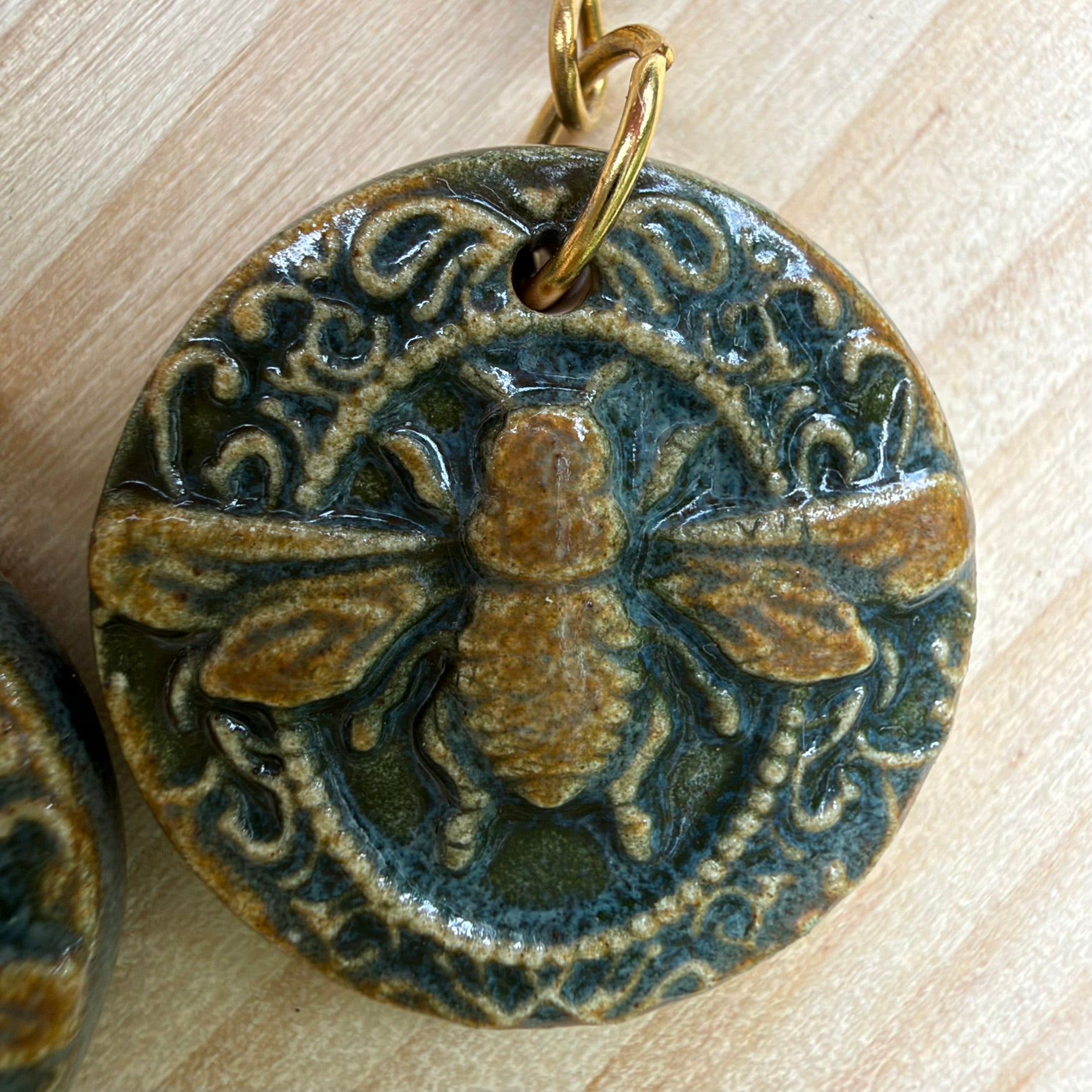 Ceramic Bee Earrings Gold Circle - Lightweight