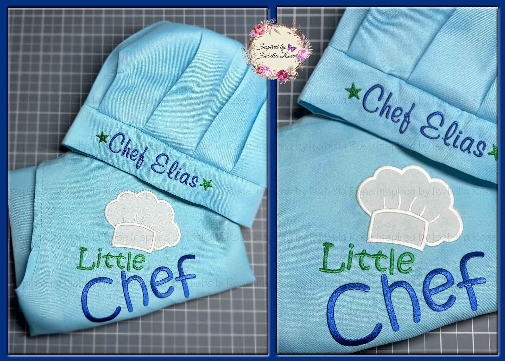 Childrens apron set, Mini chef hat, Embroidered, Made to order