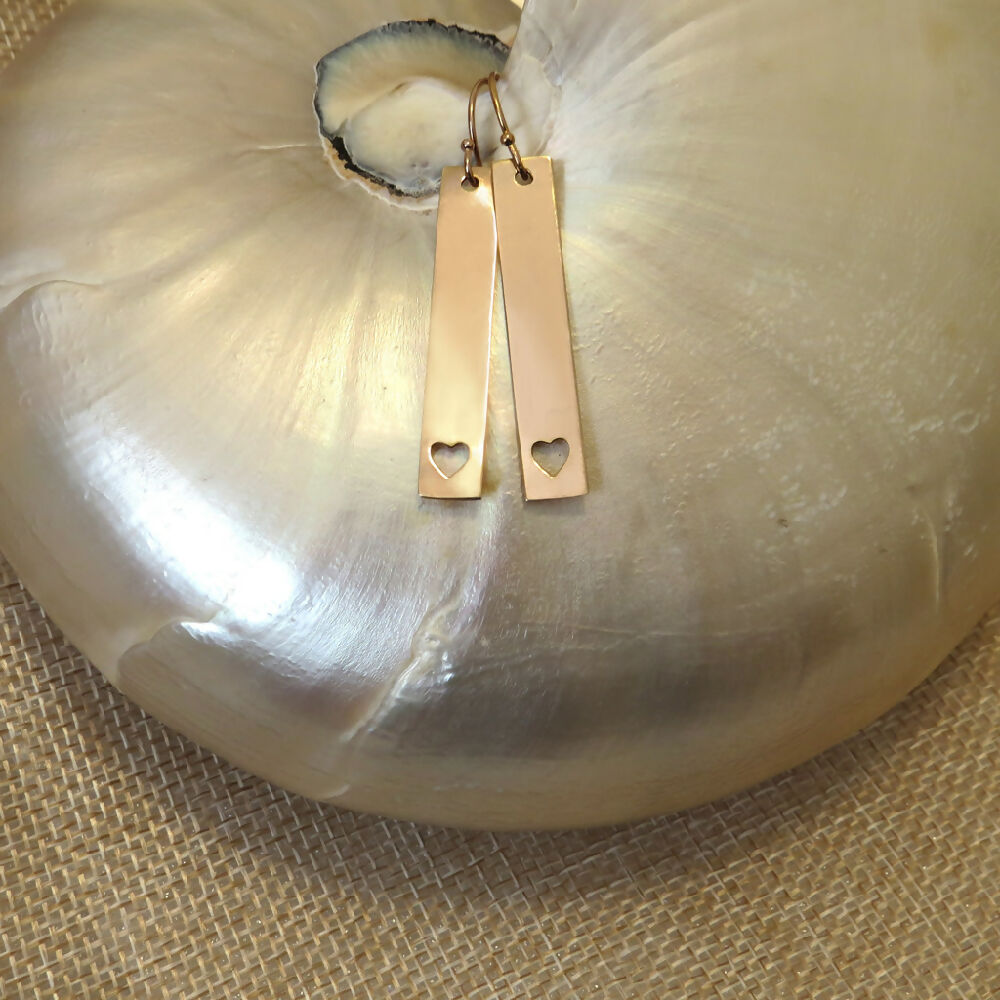 14/20KT ROSE Gold Bar Drop Earrings w Heart, Geometric, Minimalist, Custom Made by Hand, Hypoallergenic
