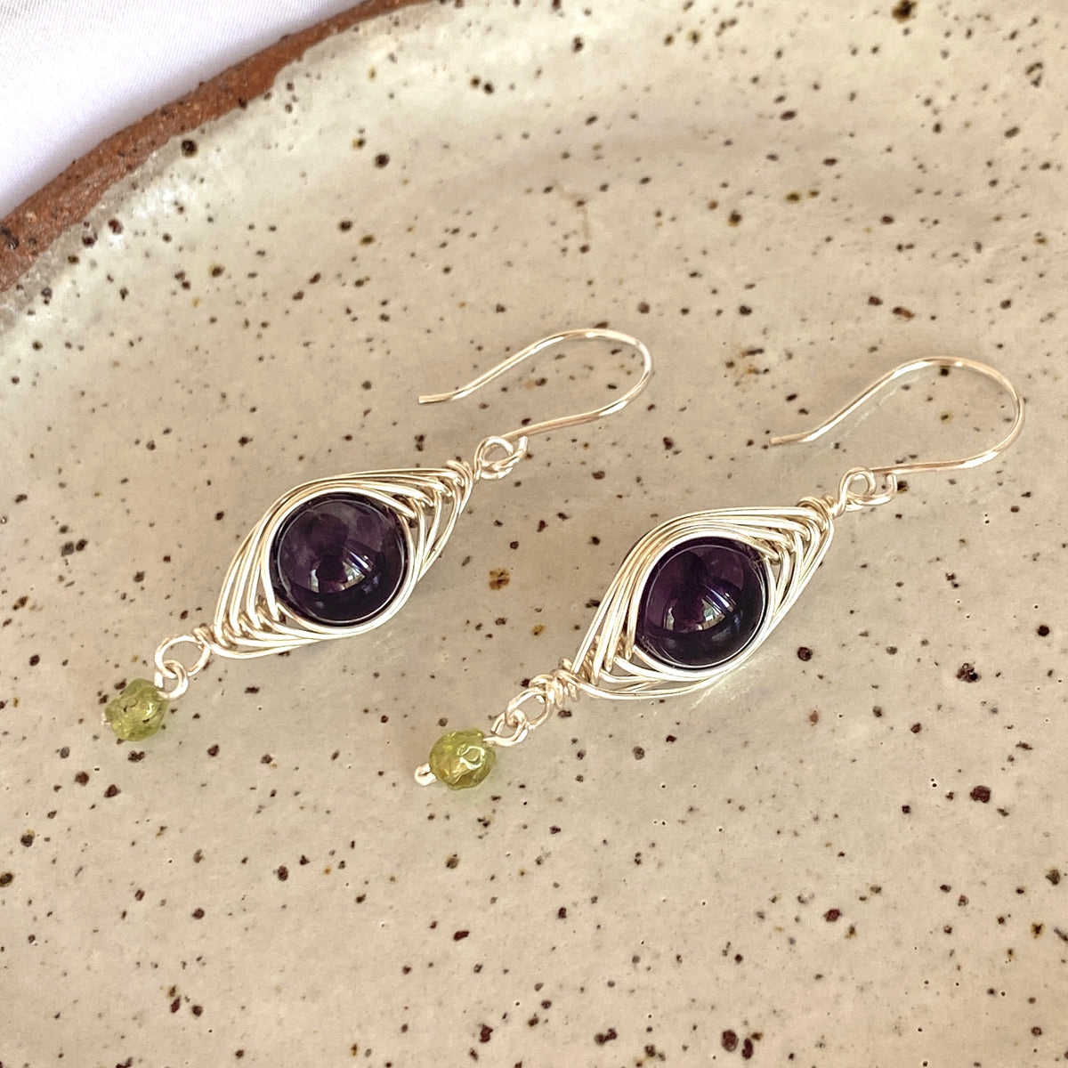 Amethyst and Peridot Silver Boho Earrings | Gemstone Wire Wrap Jewellery