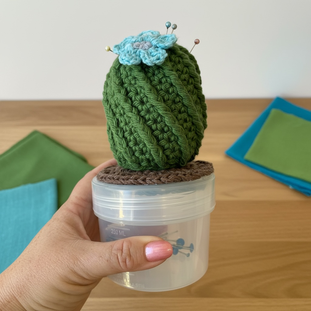 Crochet Cactus Pin Cushion with Needle Sharpener – Handmade Amigurumi Cactus – Sewing & Quilting Gift