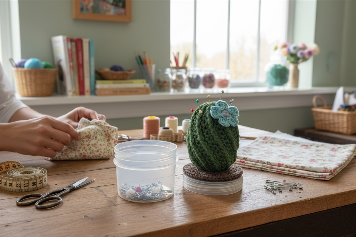Crochet Cactus Pin Cushion with Needle Sharpener – Handmade Amigurumi Cactus – Sewing & Quilting Gift