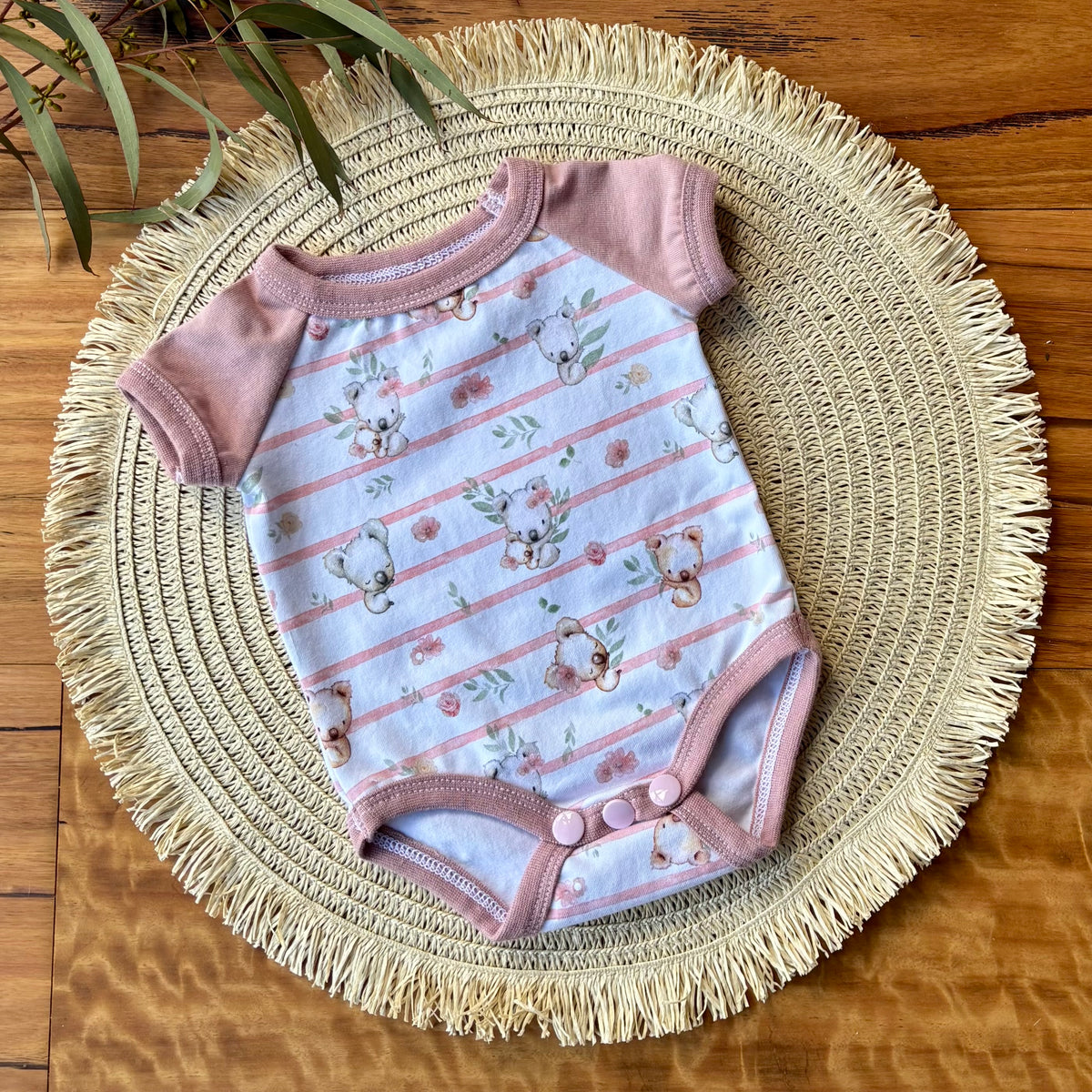 Baby Short Sleeved Bodysuit | Pink Koala Stripe | Size premmie to 2 | Made to order