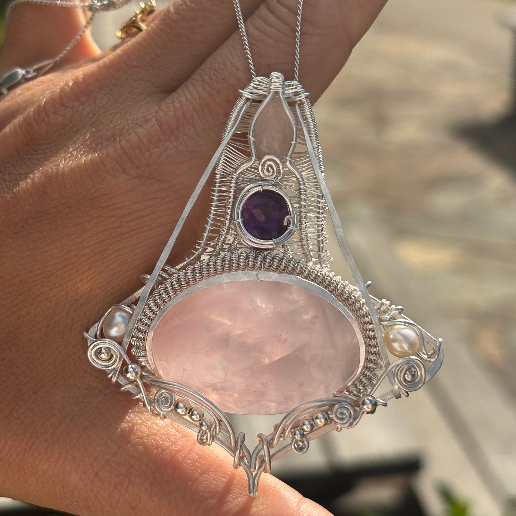 Amethyst/Rose Quartz Crystal silver wire wrap pendant