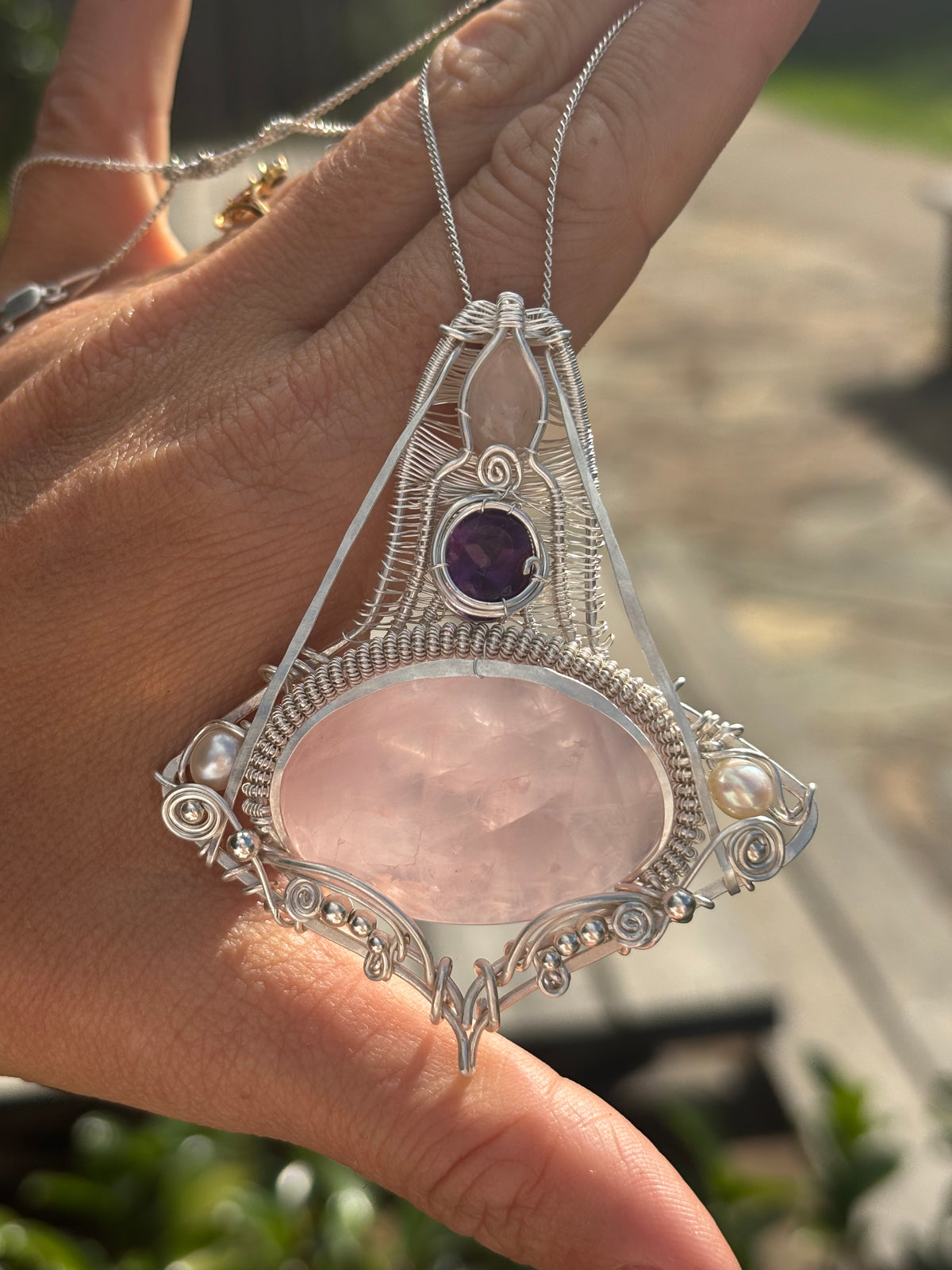 Amethyst/Rose Quartz Crystal silver wire wrap pendant