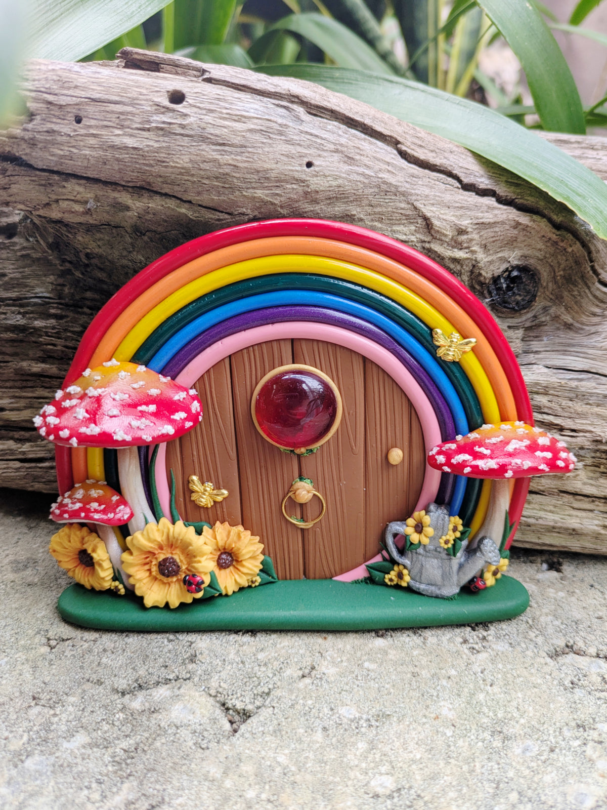 Rainbow Fairy Door with Sunflowers & Watering Can