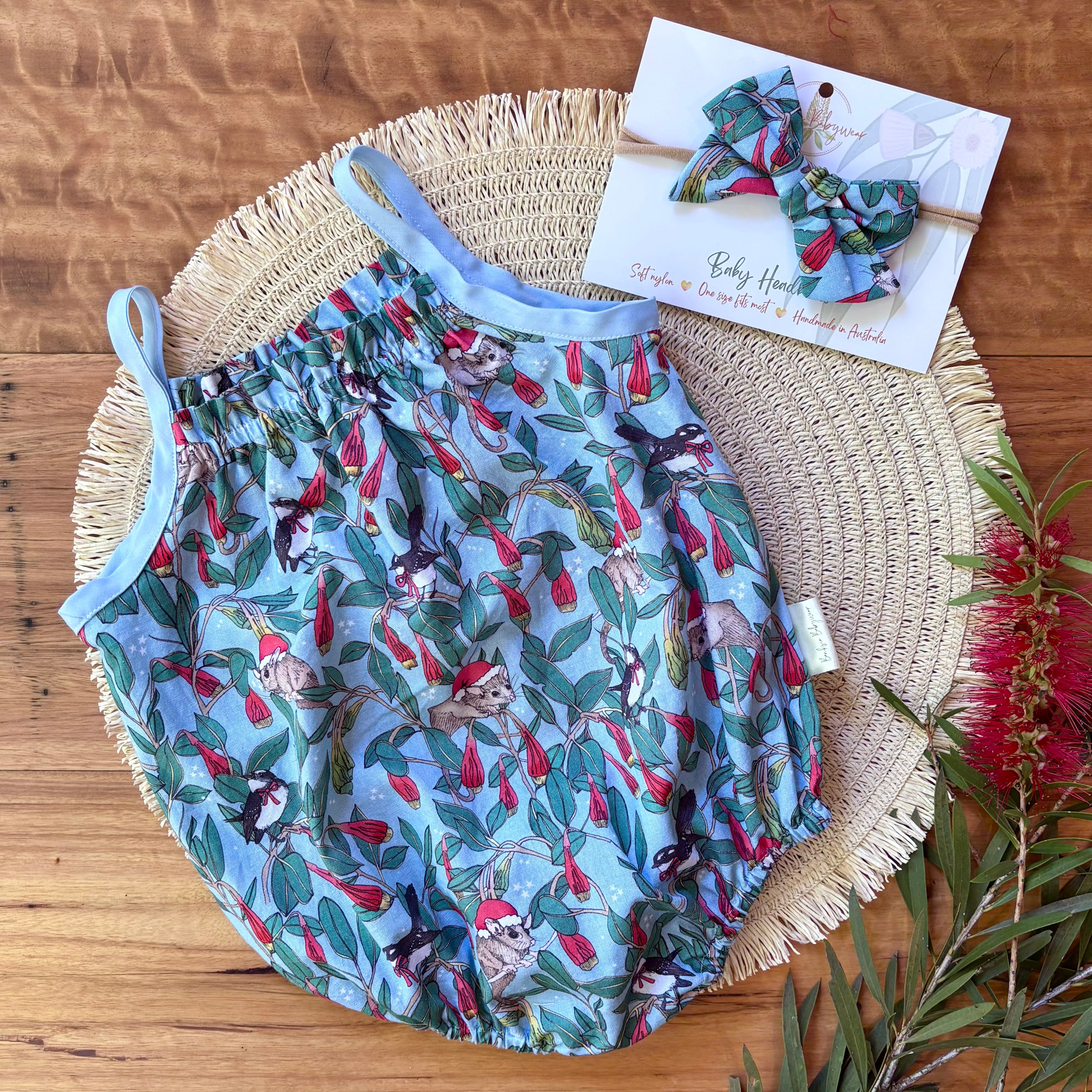 Christmas Baby Girl Romper and Headband Set - Blue Possums