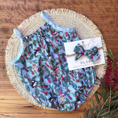 Christmas Baby Girl Romper and Headband Set - Blue Possums