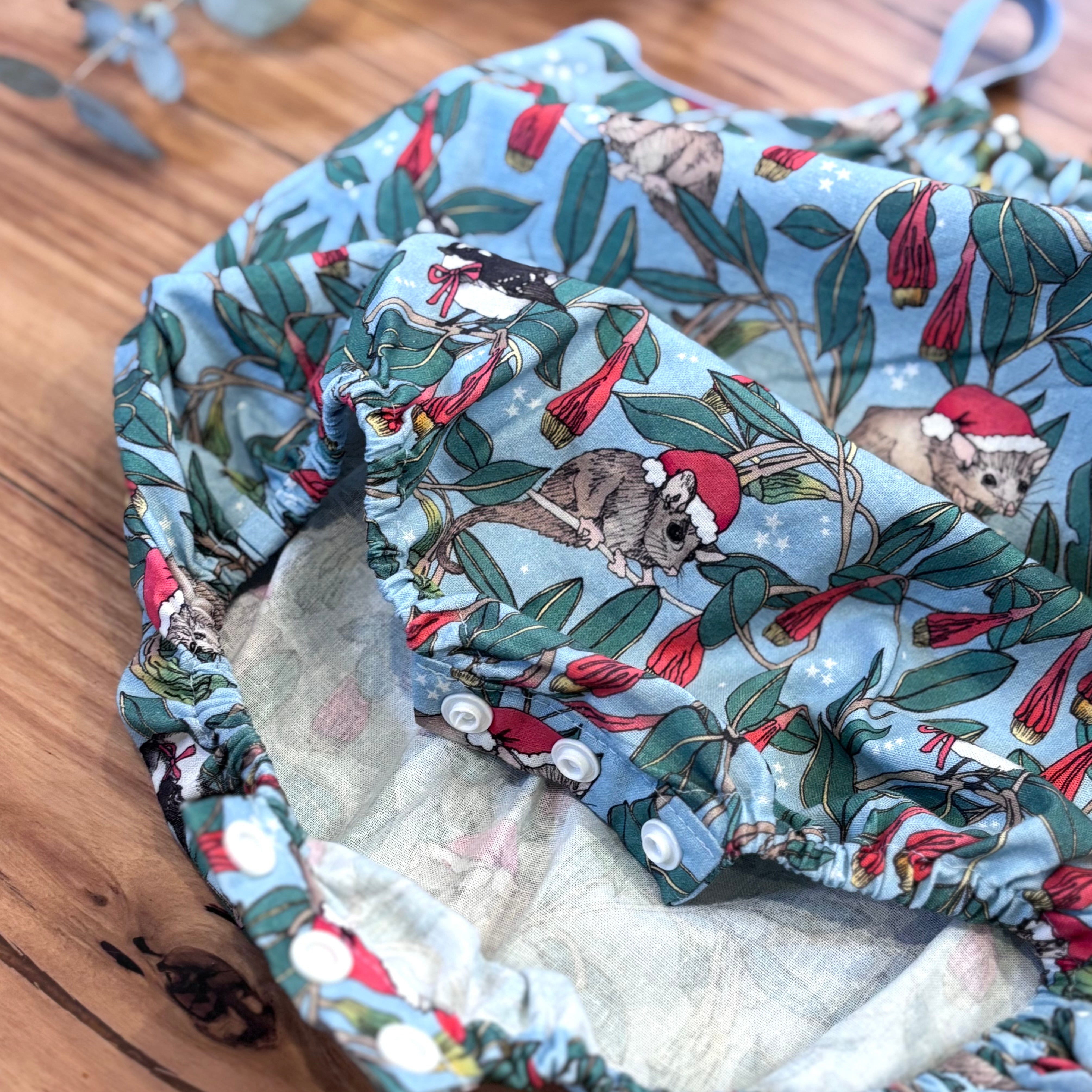 Christmas Baby Girl Romper and Headband Set - Blue Possums