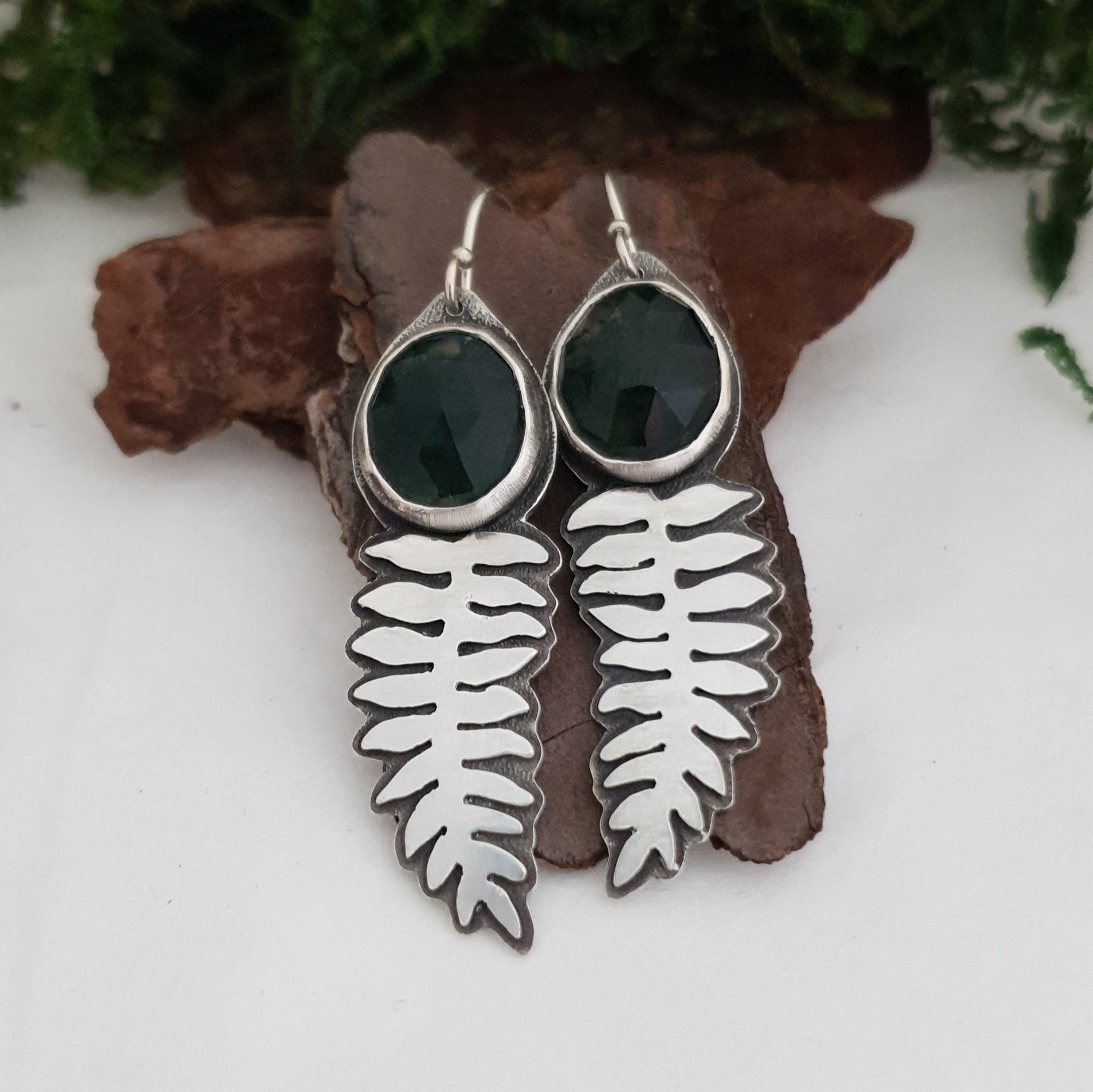 Silver fern earrings with moss agate