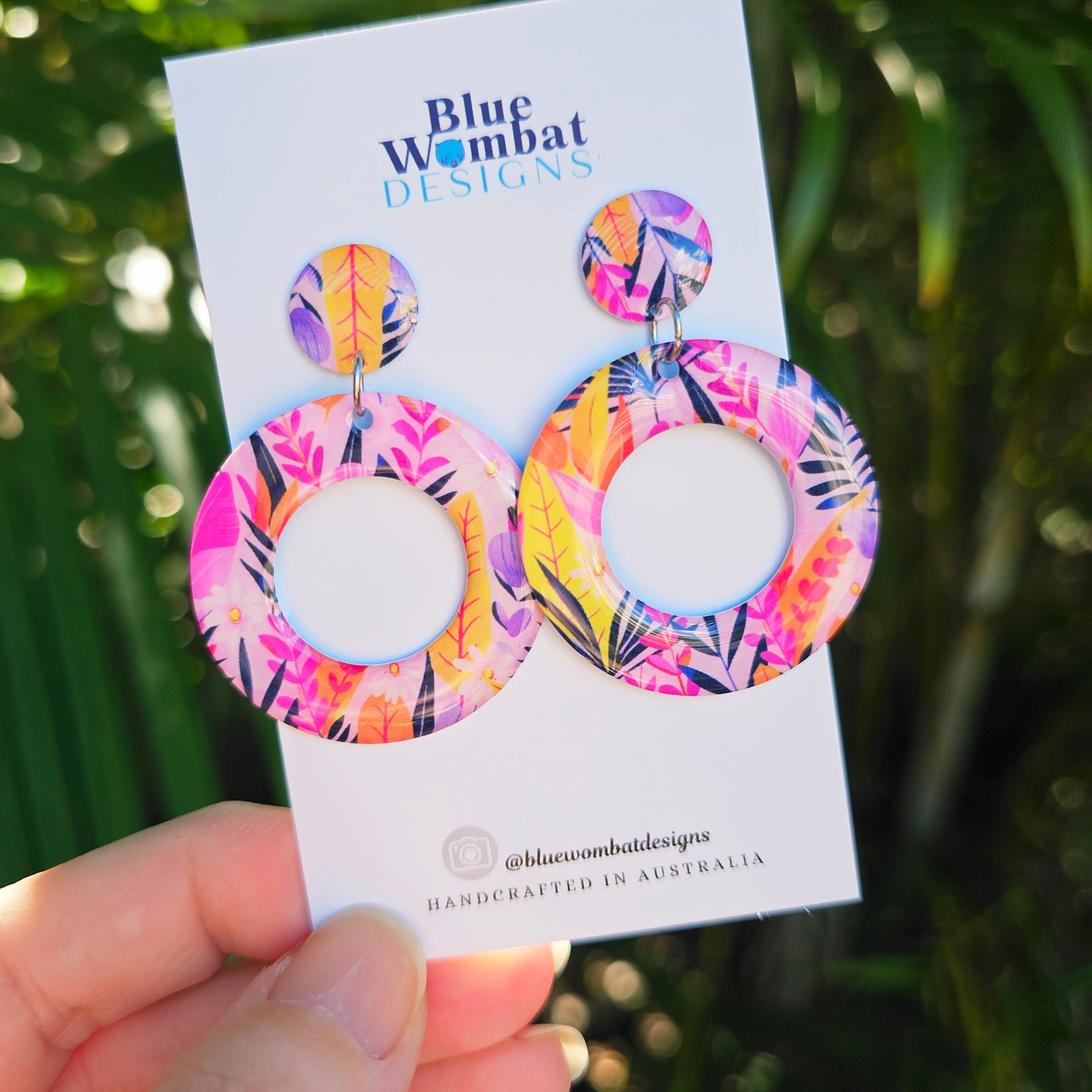 Pink Floral Yupo Paper round Resin Dangle Earrings