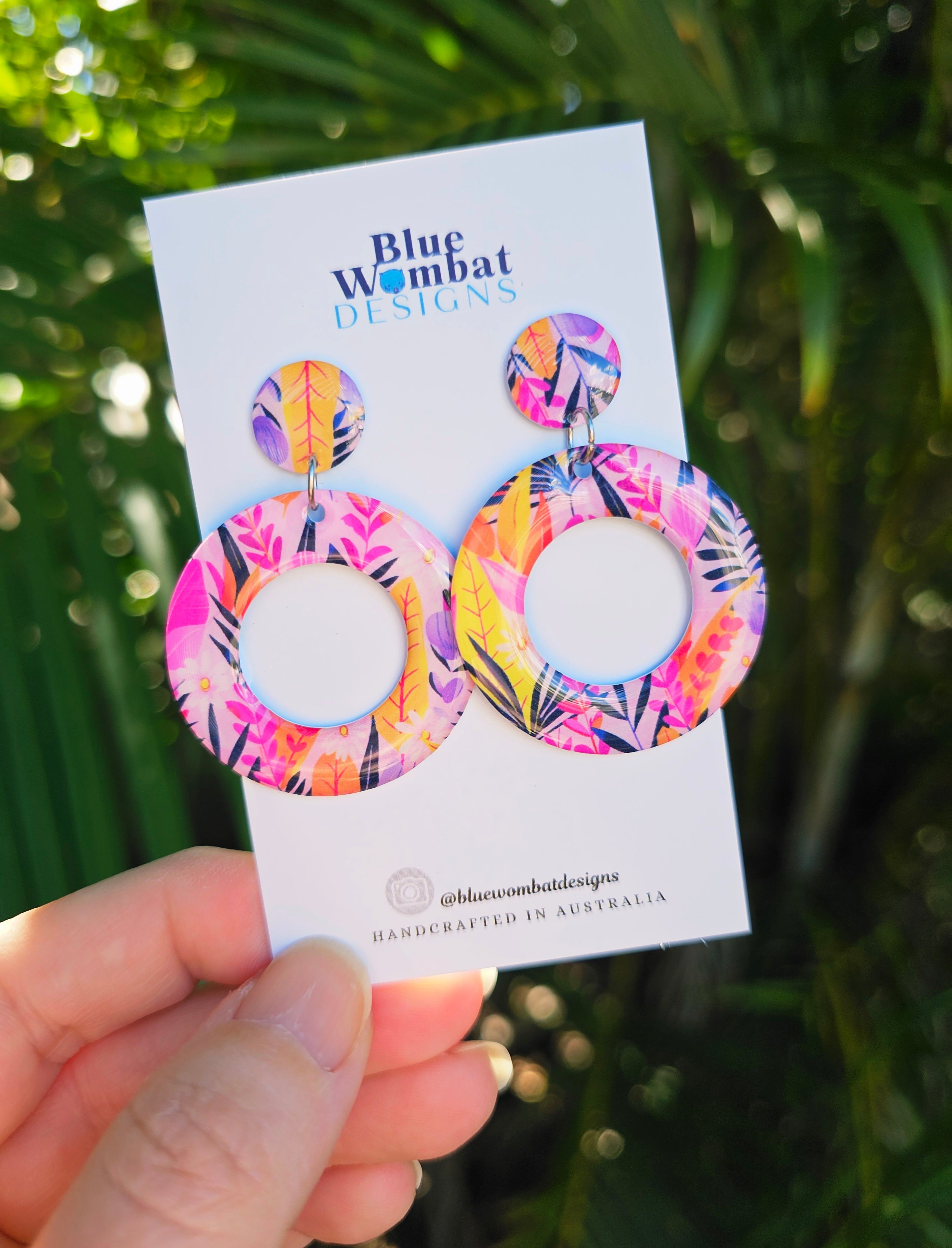 Pink Floral Yupo Paper round Resin Dangle Earrings