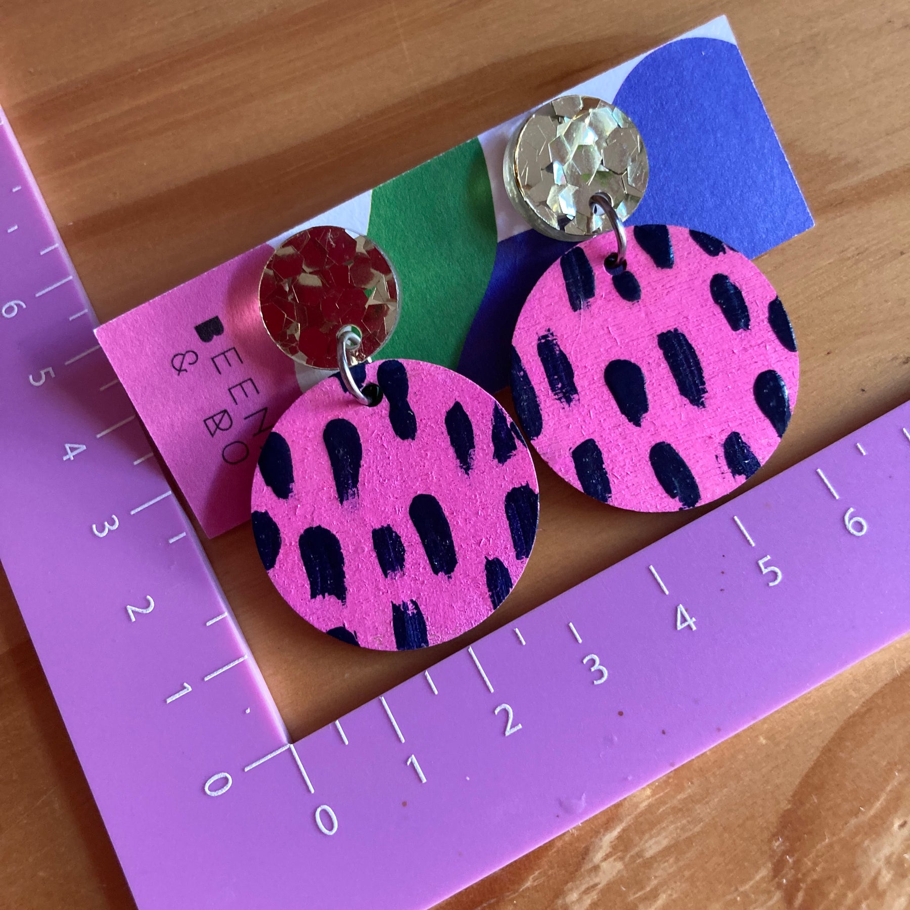 Pink & black hand painted earrings
