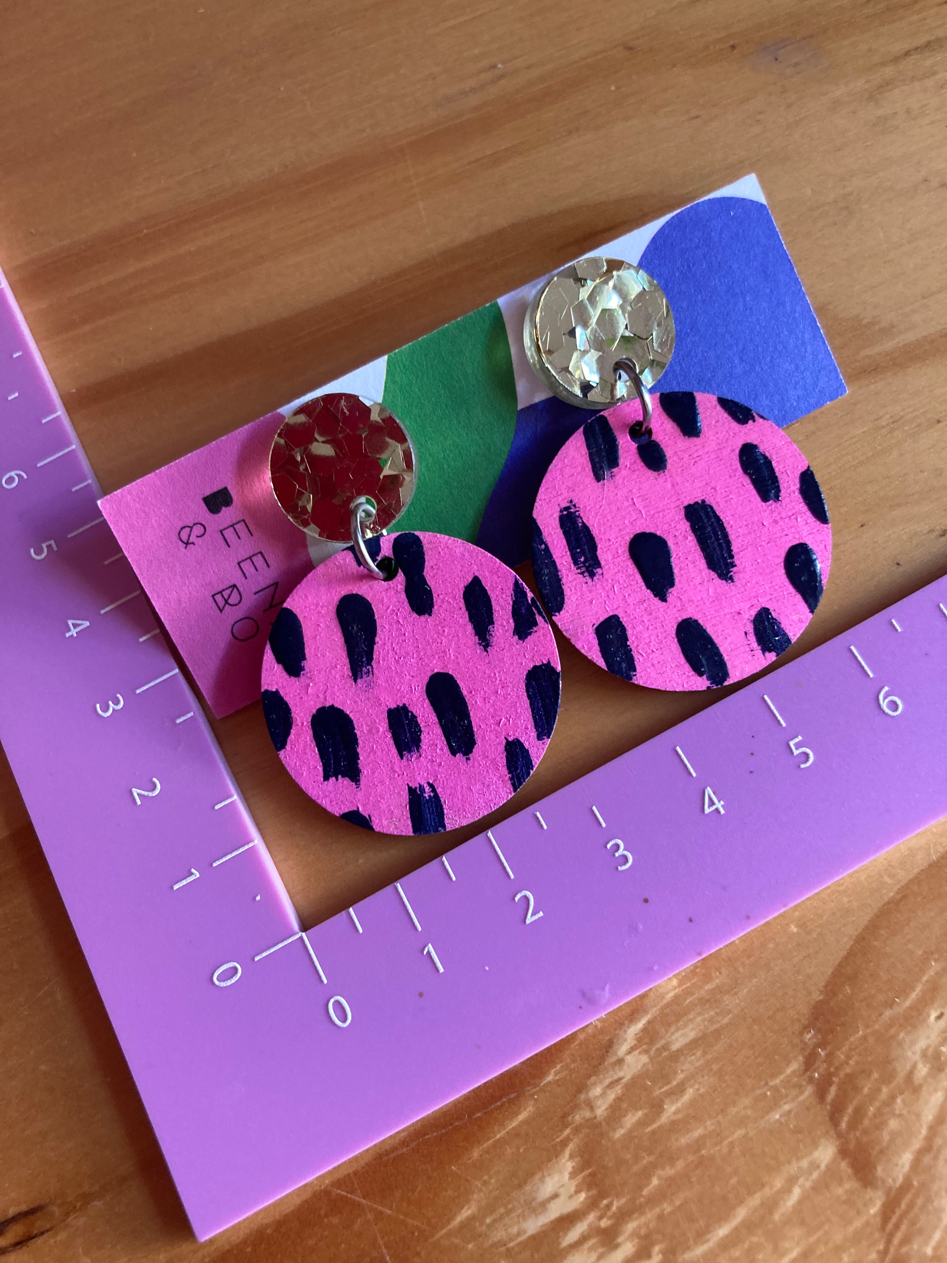 Pink & black hand painted earrings