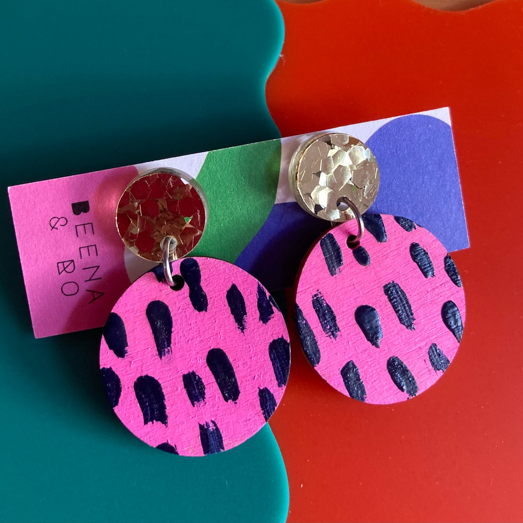 Pink & black hand painted earrings