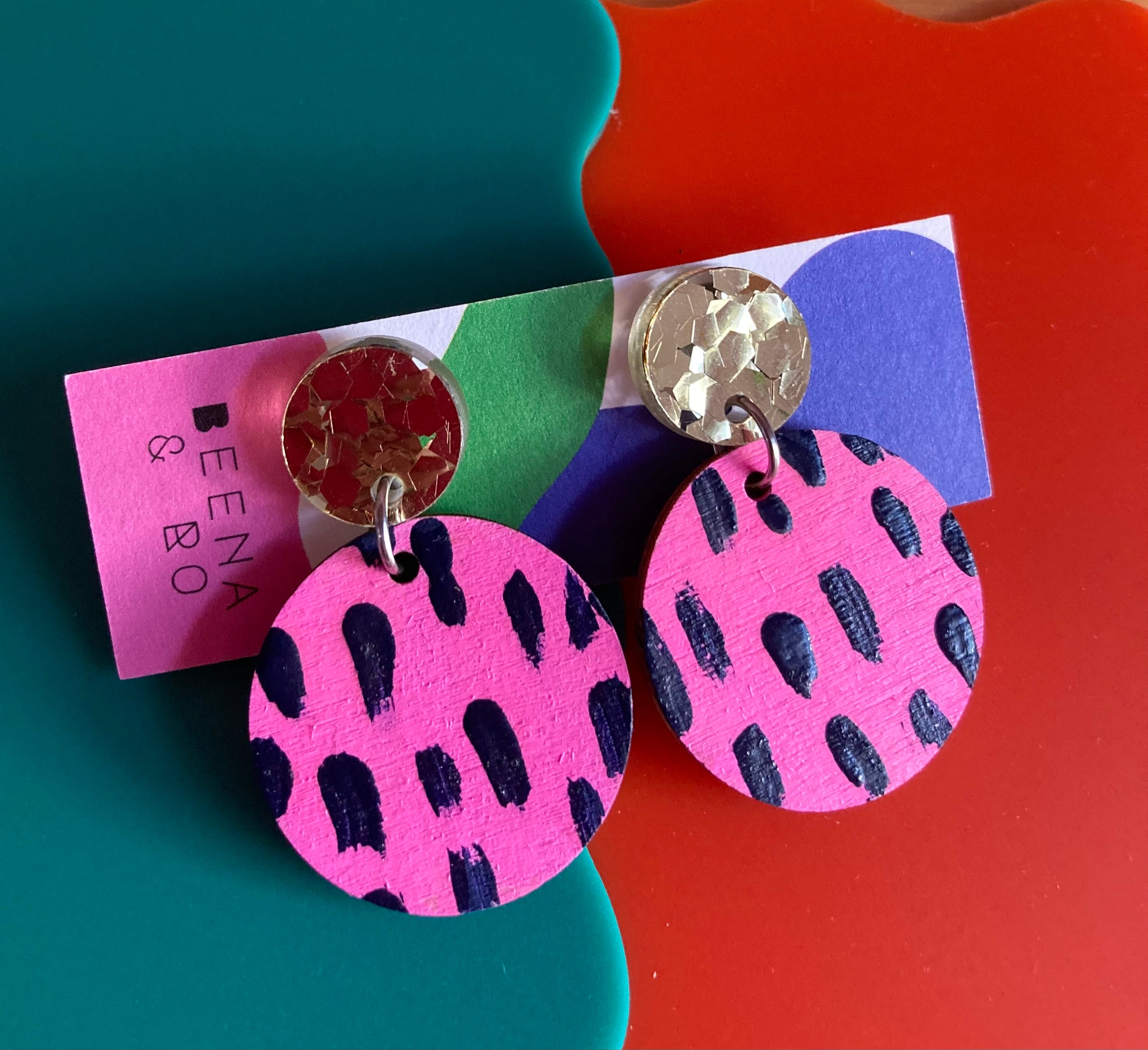 Pink & black hand painted earrings