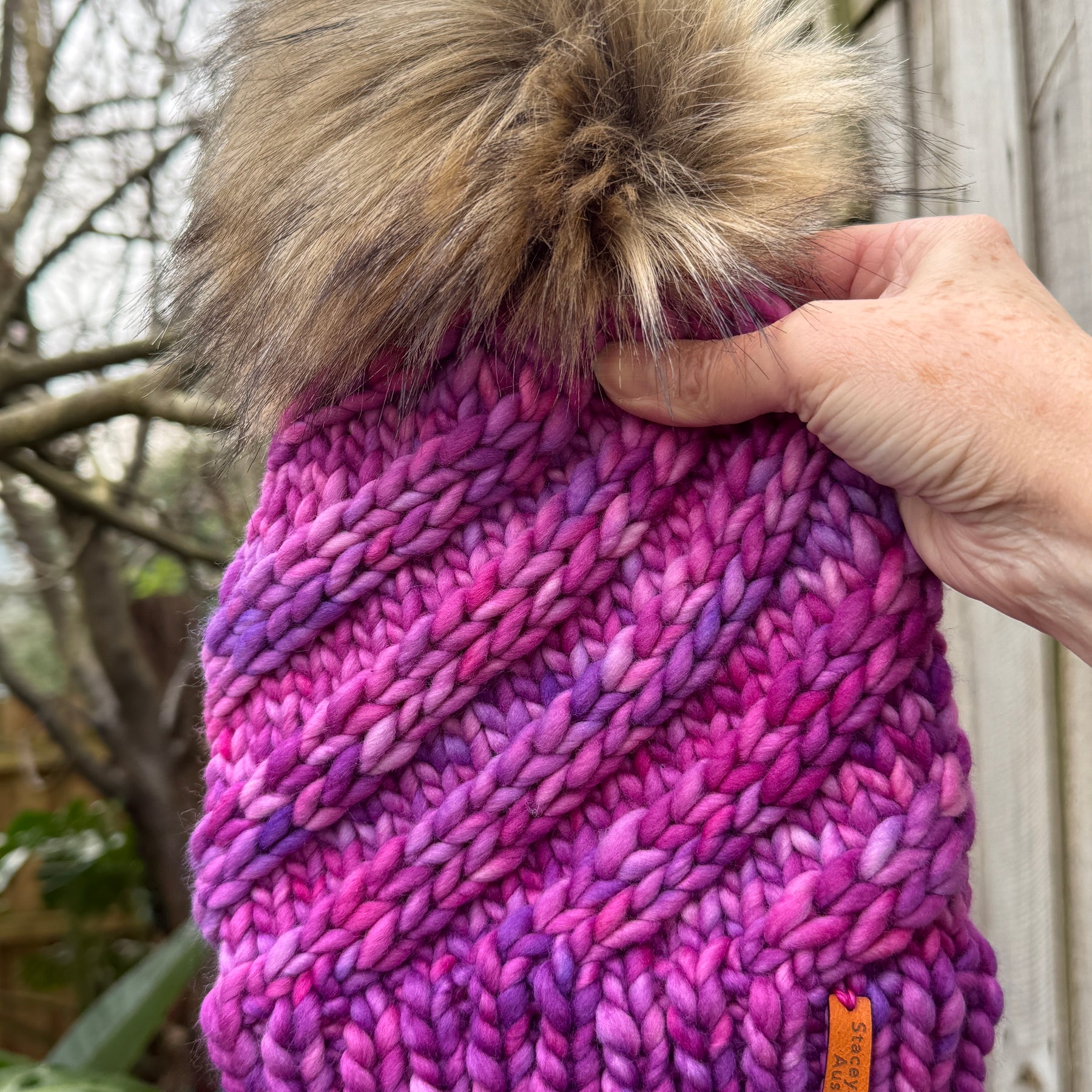 Merino Beanie, Pink Purple PomPom Beanie
