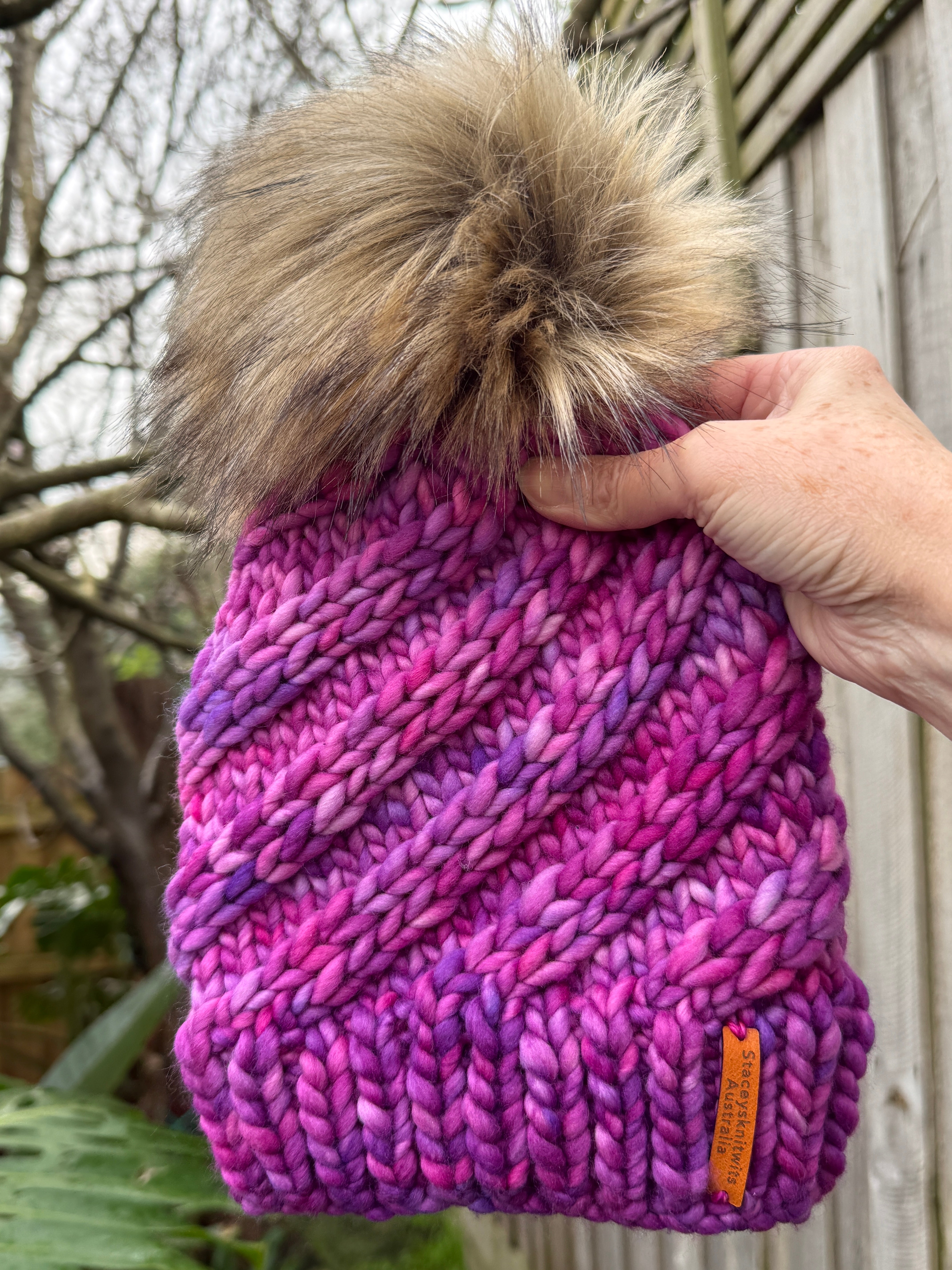 Merino Beanie, Pink Purple PomPom Beanie
