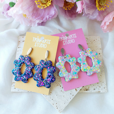 Large Resin Glitter Flower Dangle Earrings
