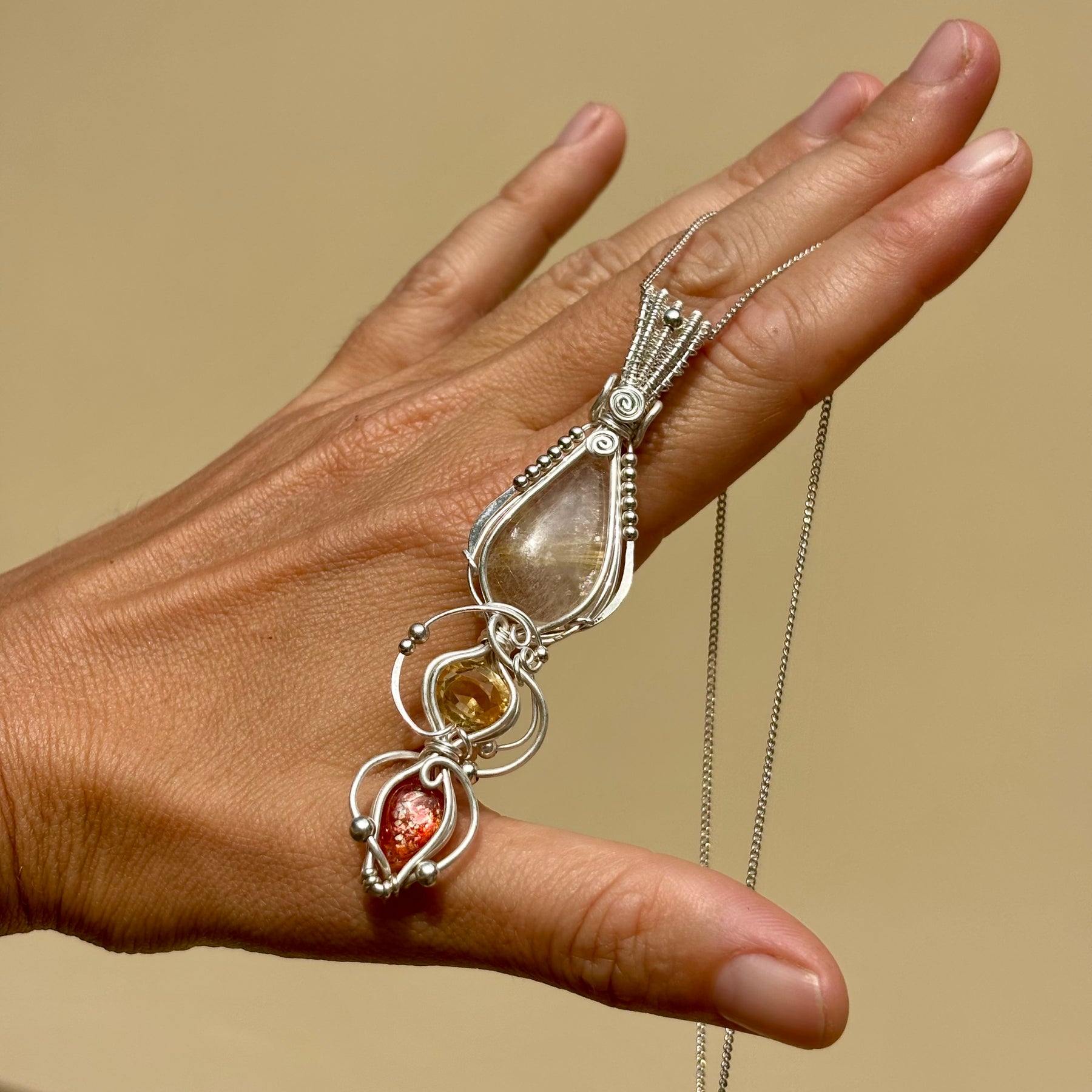 Citrine, Sunstone, Rutilated Quartz Crystal Pendant wire wrap