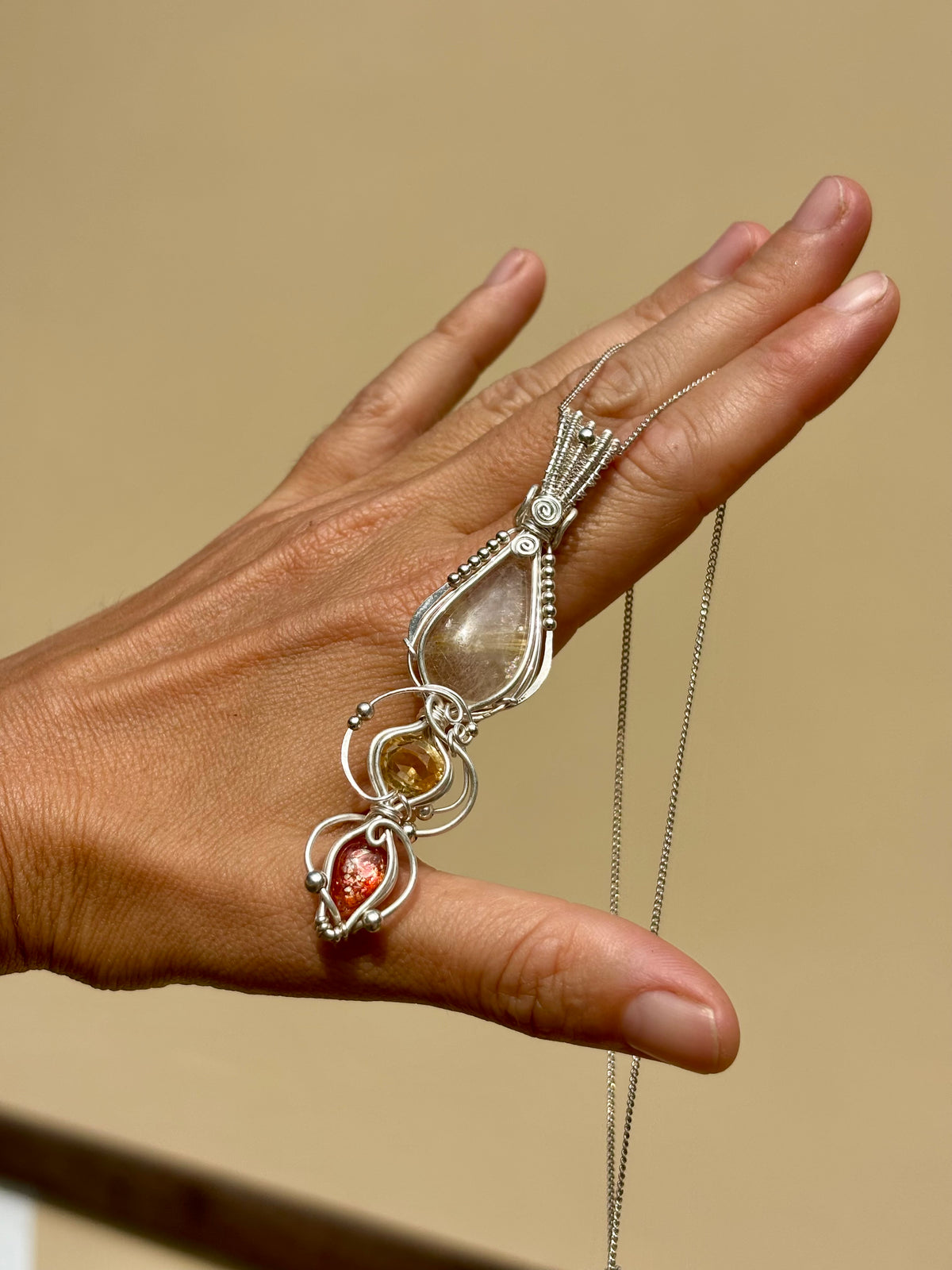 Citrine, Sunstone, Rutilated Quartz Crystal Pendant wire wrap