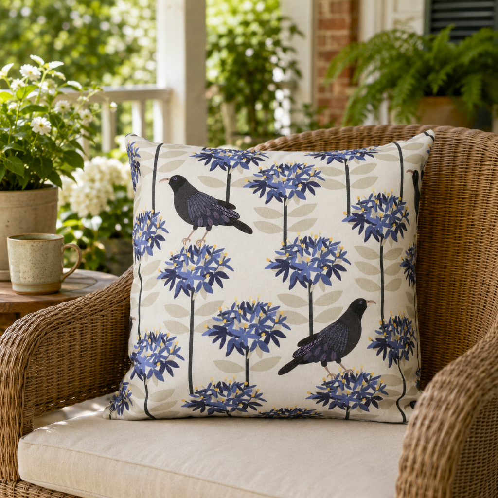 Blue Floral Bird Cushion Covers |  Botanical Cottage Decor | 45x45cm