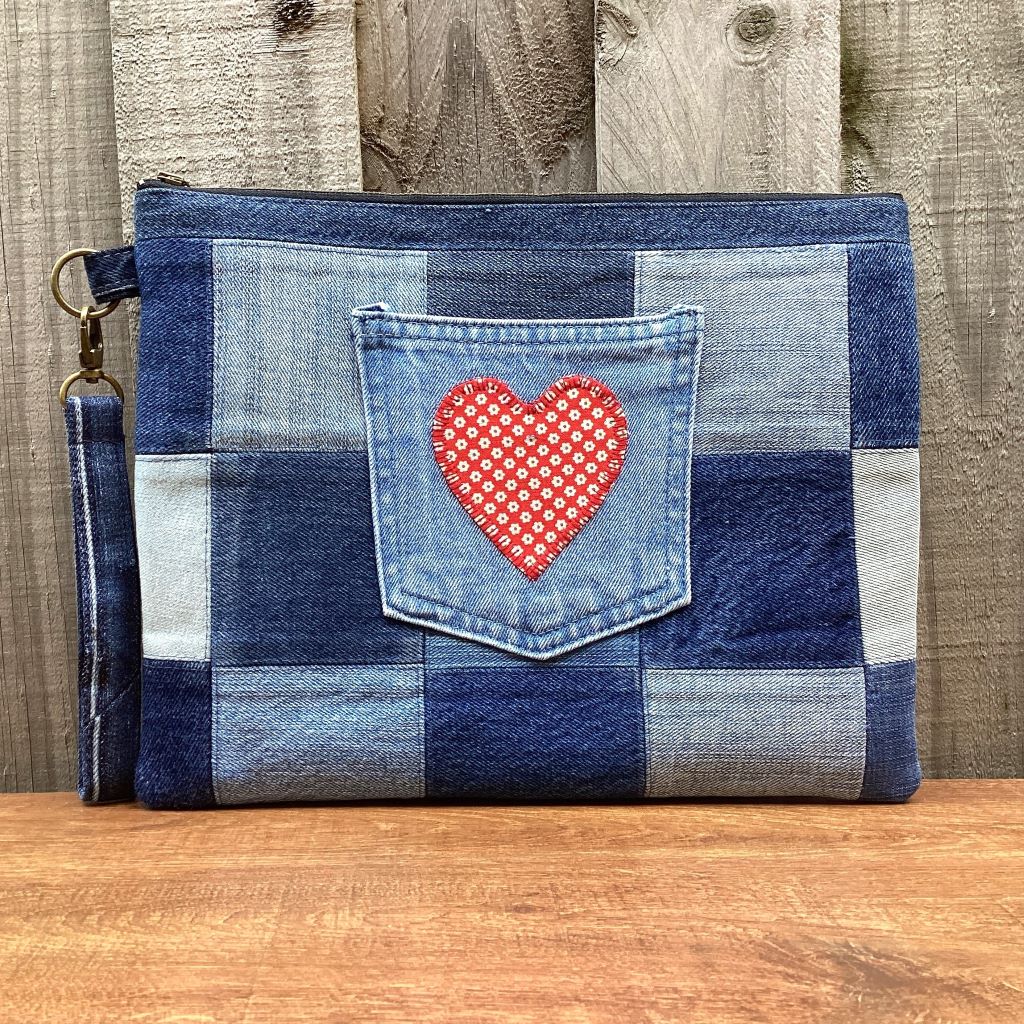 Large Upcycled Denim Pouch – Red Pocket Heart