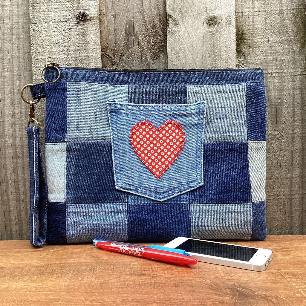 Large Upcycled Denim Pouch – Red Pocket Heart